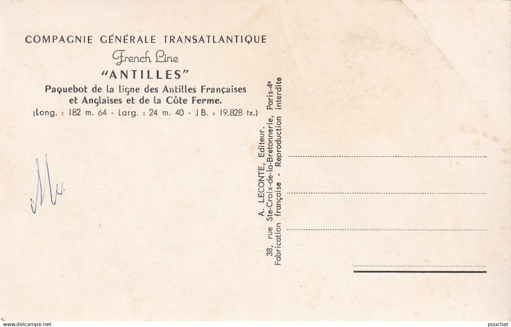 BE Nw3- " ANTILLES " - COMPAGNIE GENERALE TRANSATLANTIQUE - PAQUEBOT DE LA LIGNE ANTILLES FRANCAISES ET ANGLAISES - Steamers