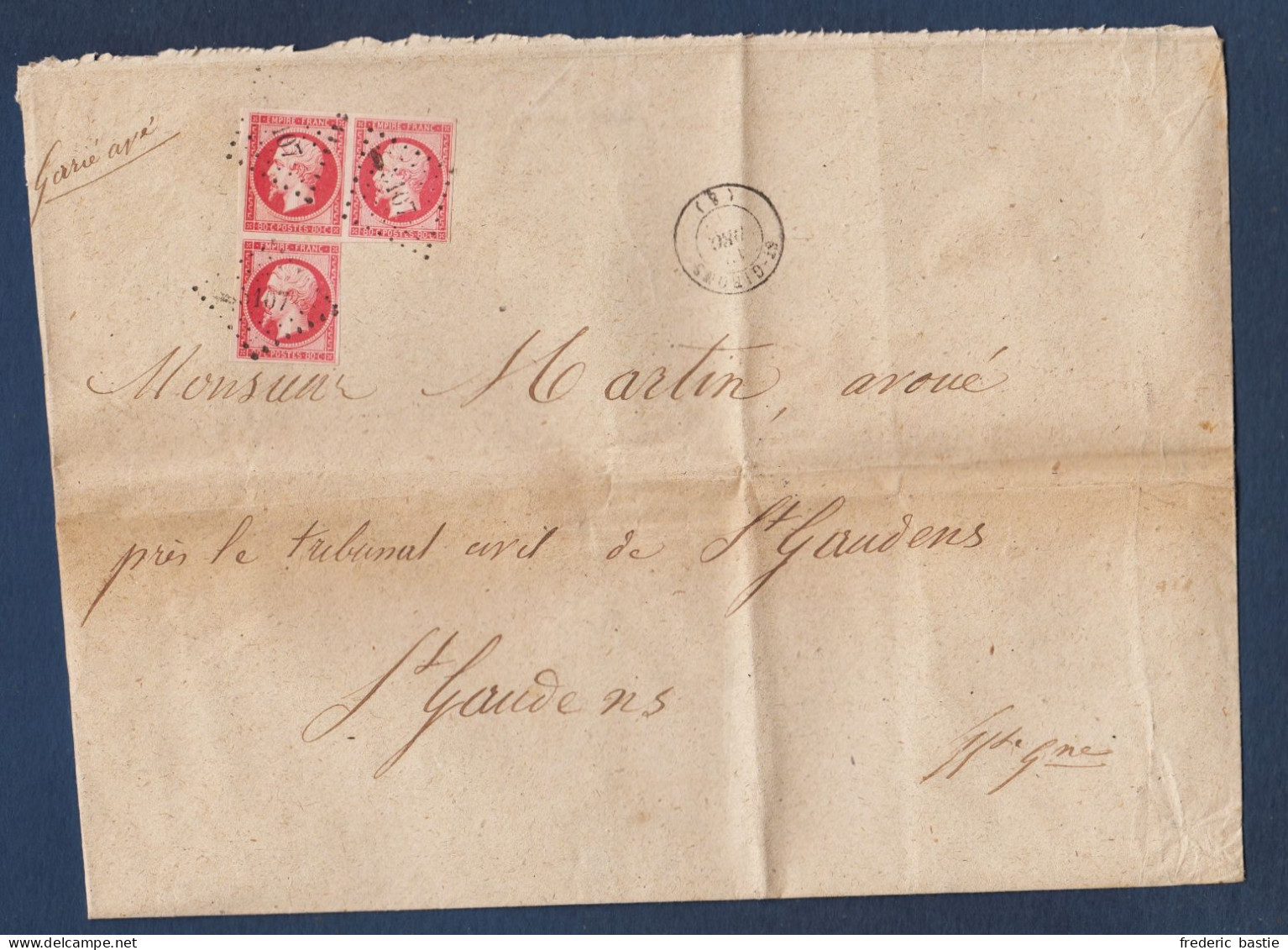 Enveloppe  De ST GIRONS Avec Equerre De 3  80c Napoléon N° 17B - 1849-1876: Klassieke Periode