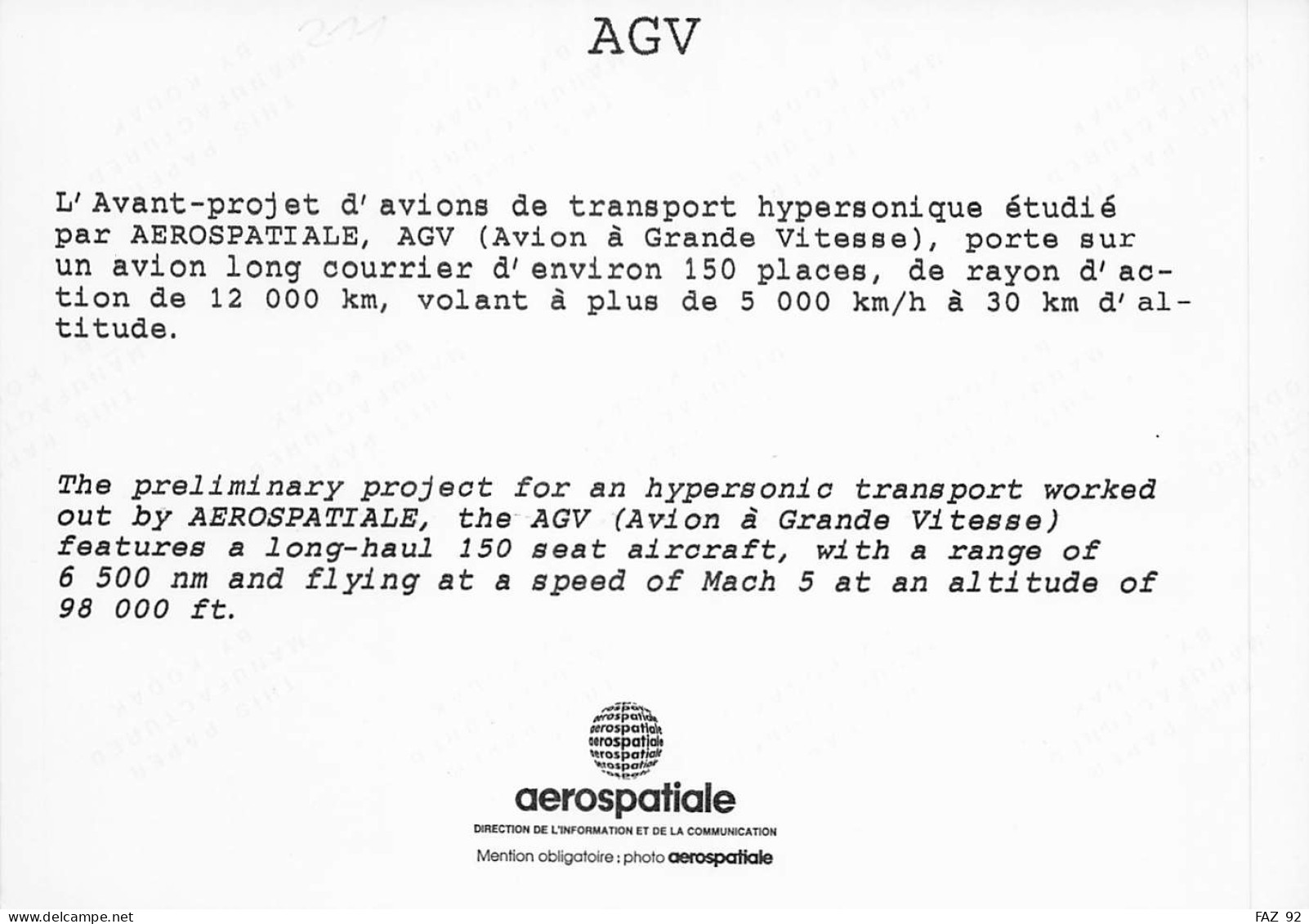 Aerospatiale Avant-Projet AGV - 180 X 130 Mm. - Photo Presse Originale - Aviación