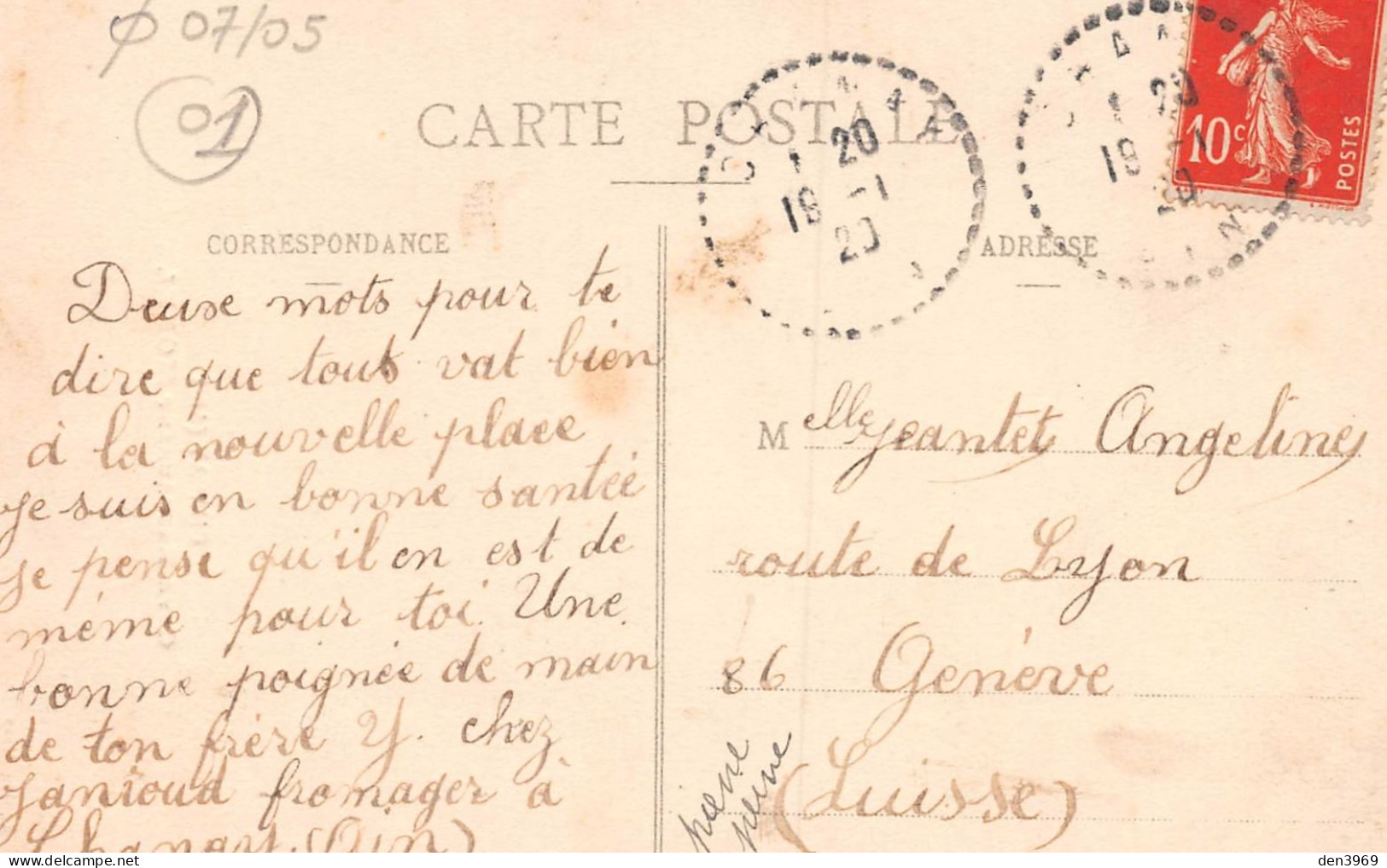 CHANAY (Ain) - Café-Restaurant Morel - Voyagé 1920 (2 Scans) Angeline Jeantet, 86 Route De Lyon à Genève Suisse - Sin Clasificación