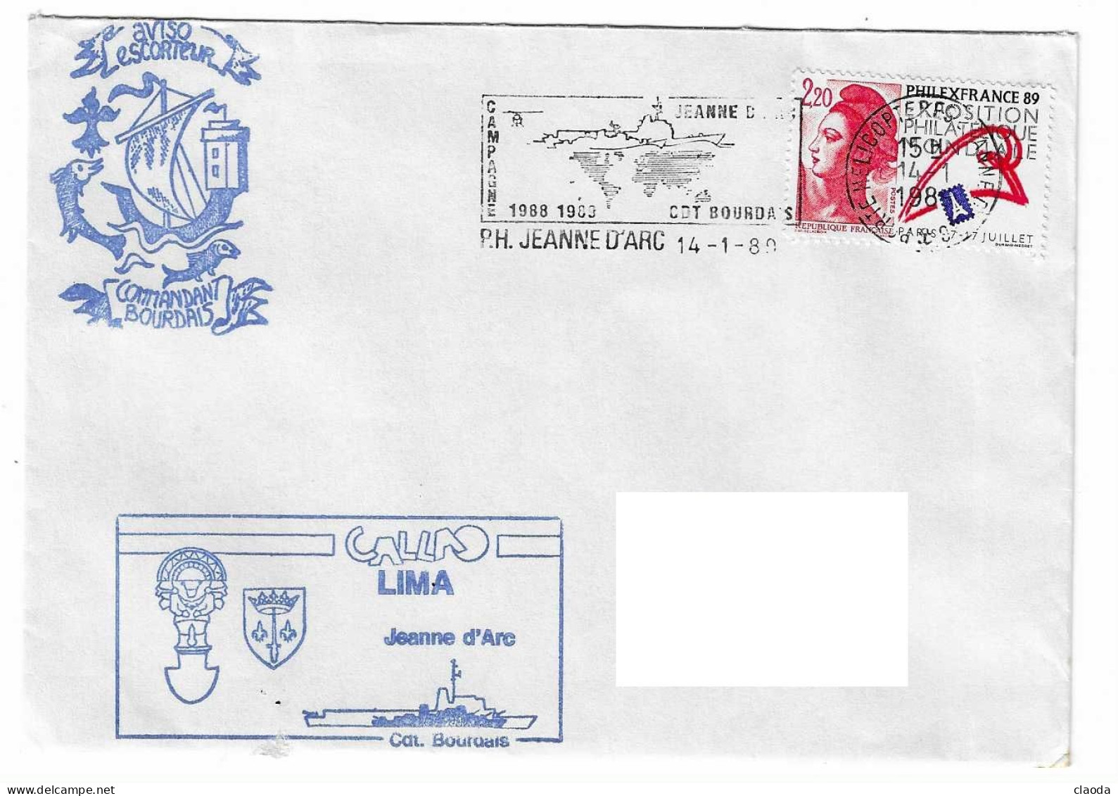 177 JDA -PORTE-HÉLICOPTÈRES JEANNE D'ARC - CDT BOURDAIS  - CAMPAGNE1988-1989   ESCALE DE CALLAO - LIMA (PEROU) - Correo Naval