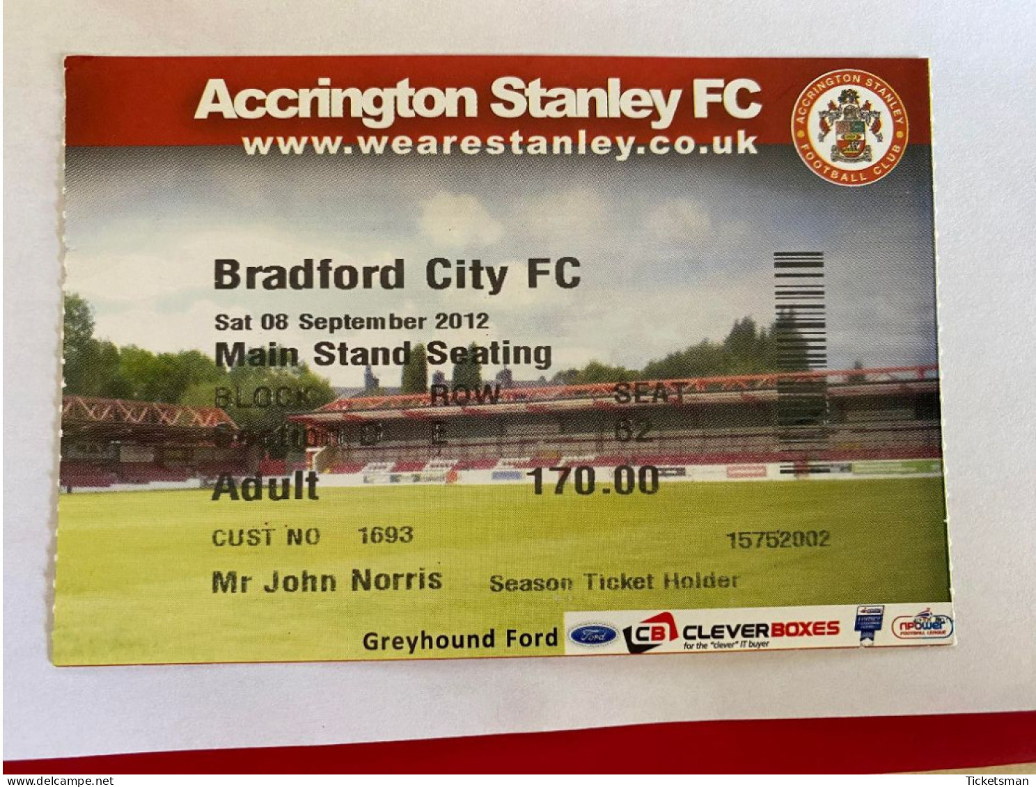 Football Ticket Billet Jegy Biglietto Eintrittskarte Accrington Stanley FC - Bradford City FC 08/09/2012 - Tickets - Entradas