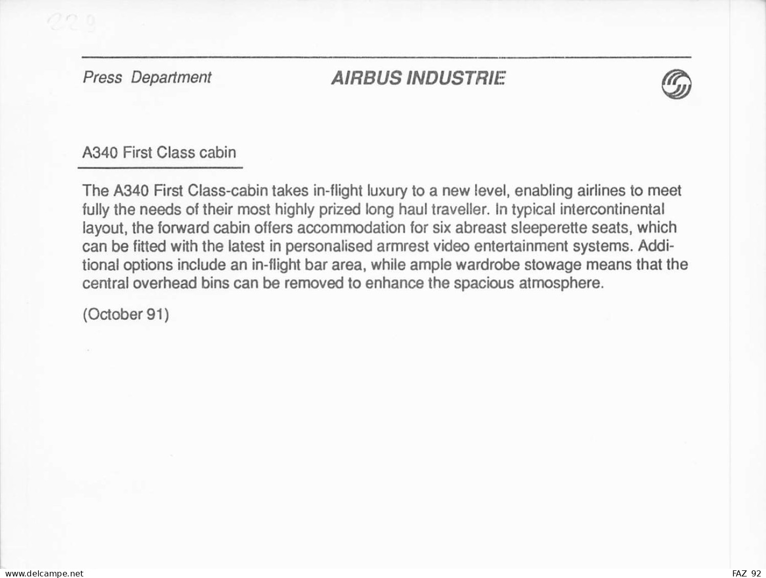 Airbus A340 First Class Cabin - 180 X 130 Mm. - Photo Presse Originale - Aviation