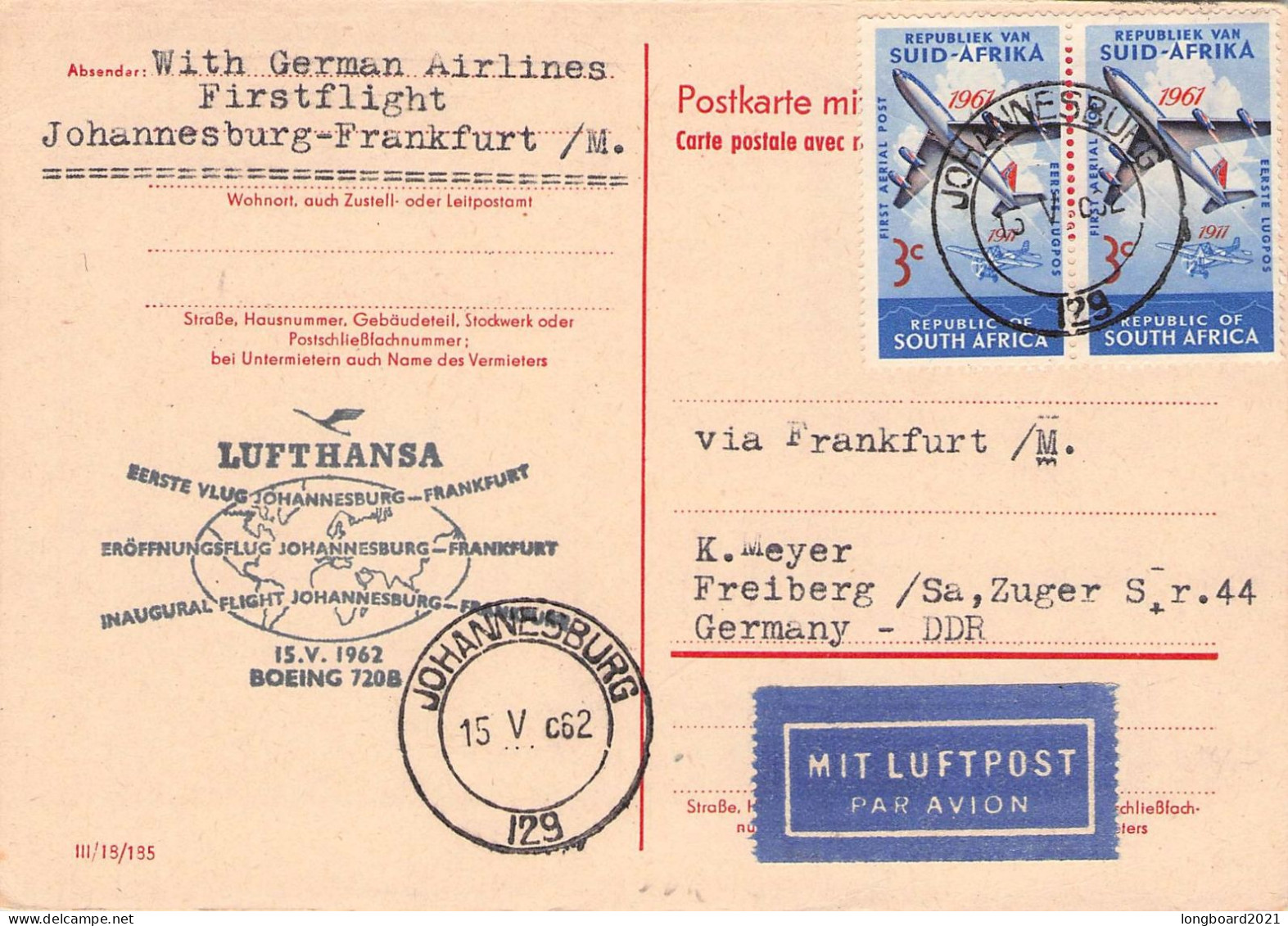 SOUTH AFRICA - POSTCARD 1961 FIRST FLIGHT LH JOHANNESBURG - FRANKFURT / 7032 - Luftpost