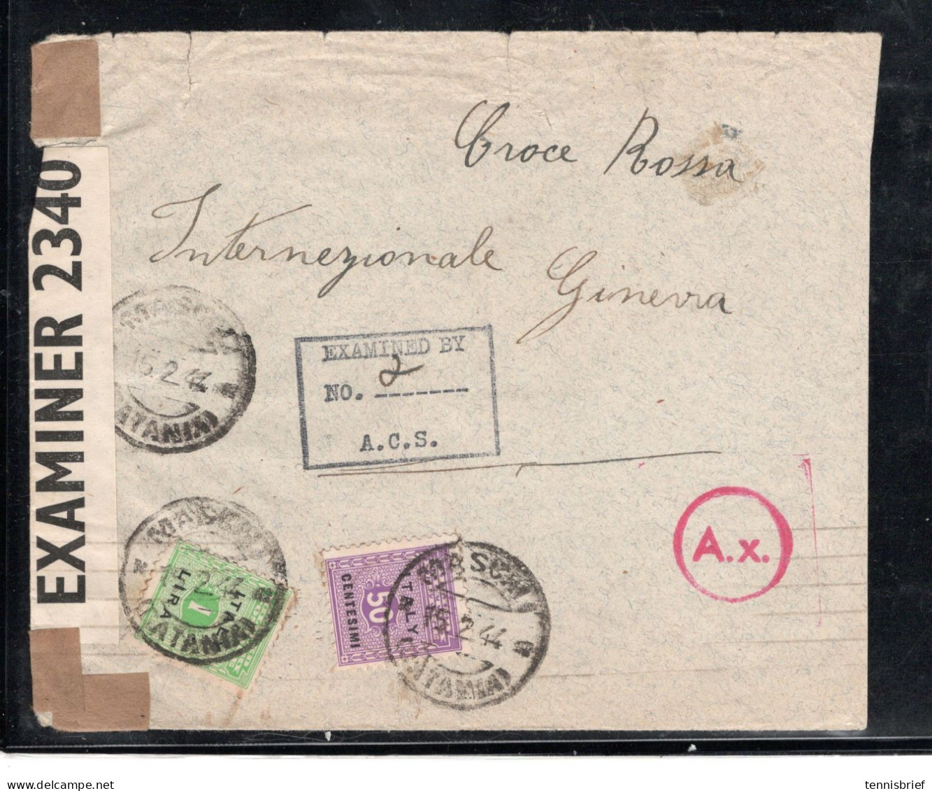 1944 ,50 C.and 1 Lira, Commercial Cover To Red Crosss ,Geneve, Switzerland ,Censor USA And German Censor ,Rare !   #190 - Storia Postale