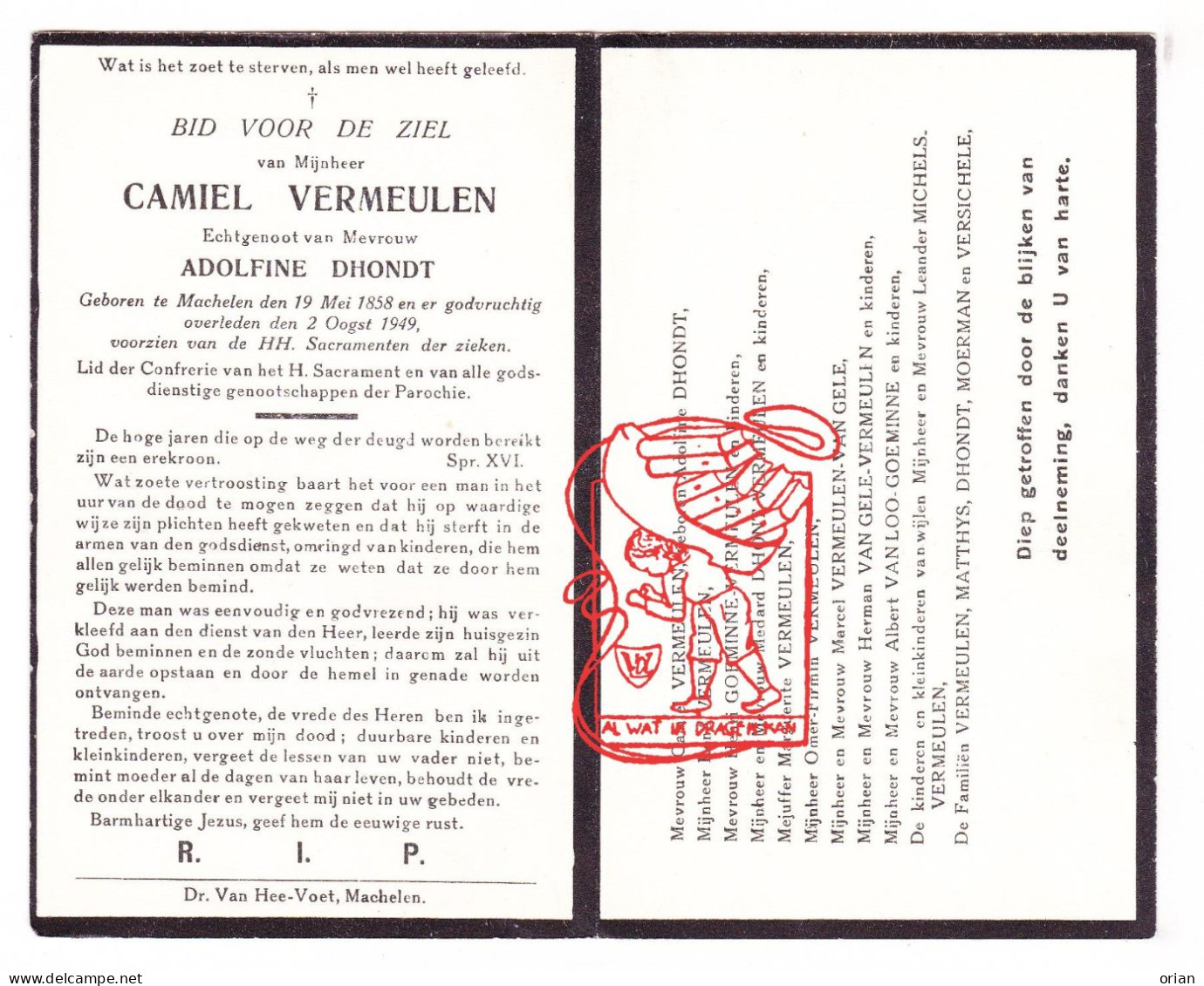 DP Camiel Vermeulen ° Machelen Zulte 1858 † 1949 X Adol. Dhondt // Goeminne Van Gele Van Loo Michels Matthys Versichelle - Devotion Images