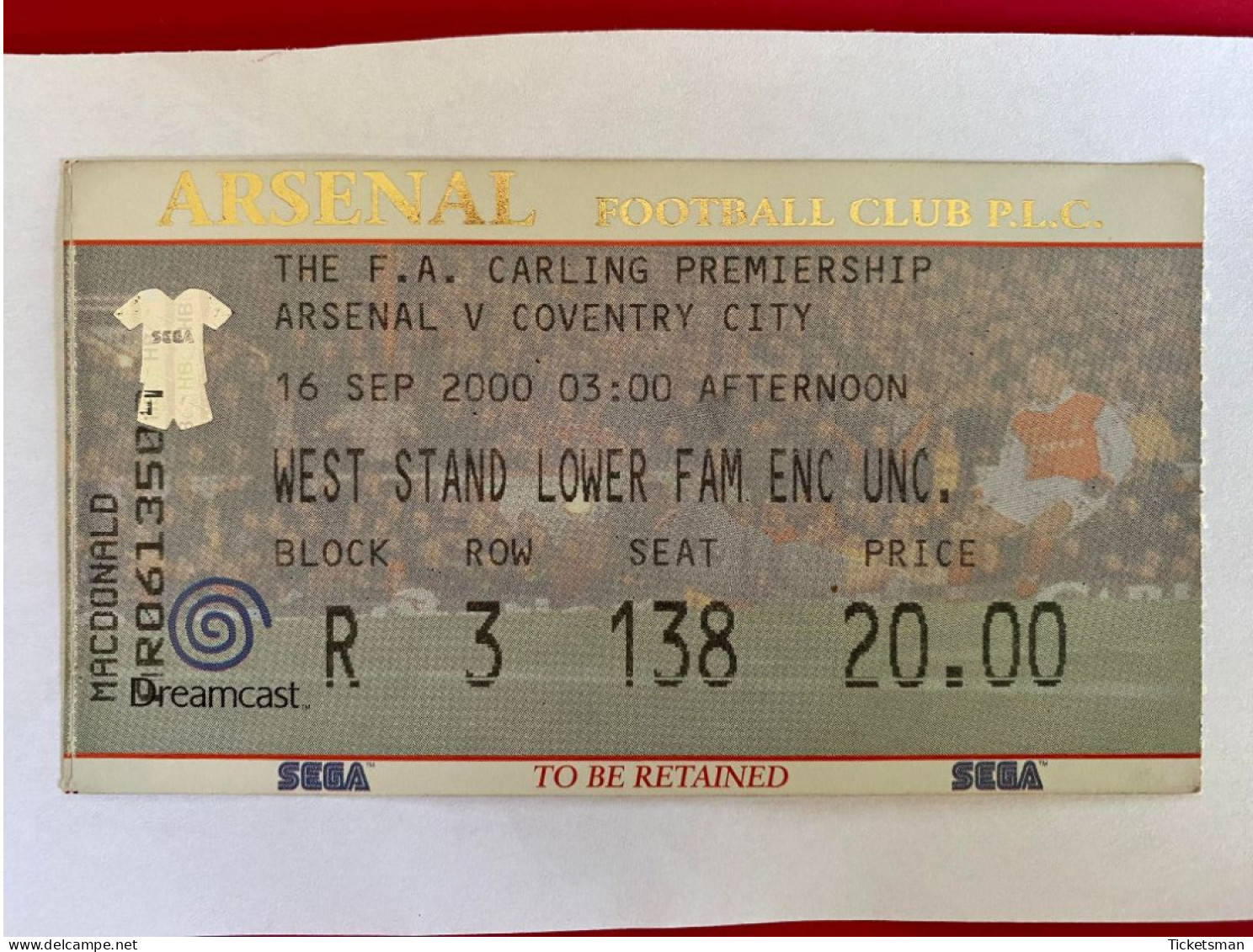 Football Ticket Billet Jegy Biglietto Eintrittskarte Arsenal FC - Coventry City 16/09/2000 - Toegangskaarten