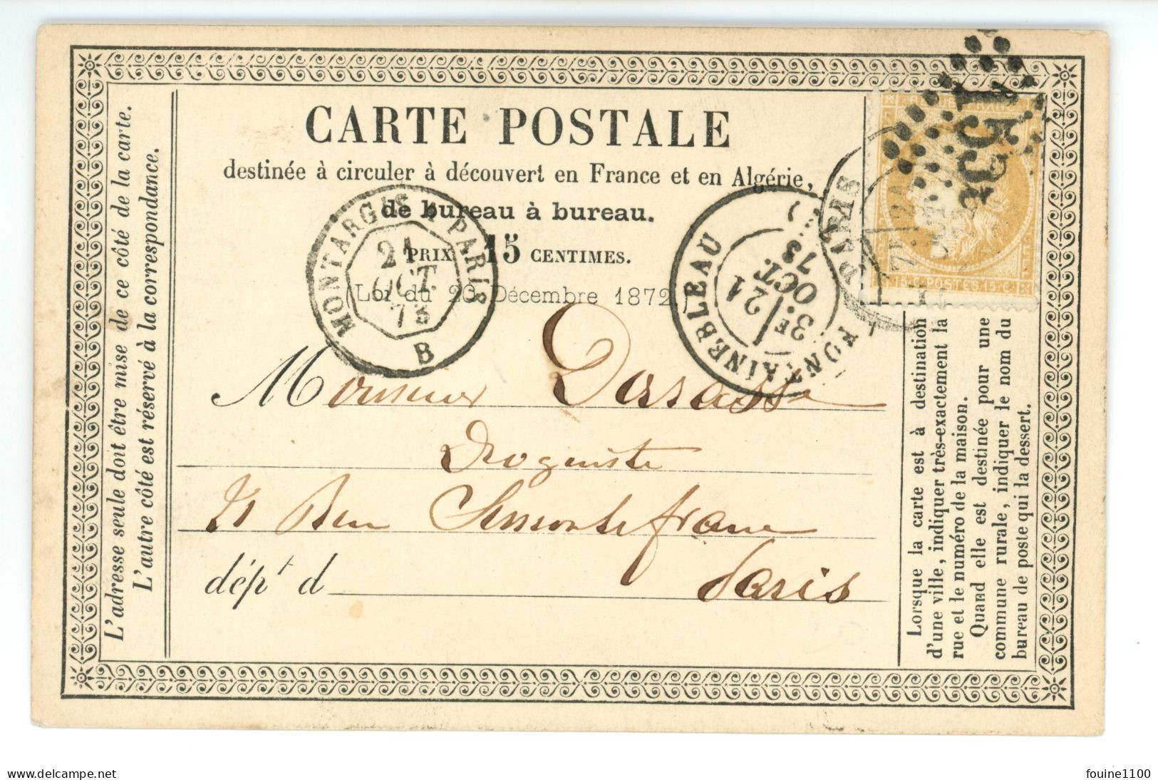 CARTE PRECURSEUR Commande De MEUNIER De FONTAINEBLEAU 77 Année 1873 ( Ambulant Montargis Paris ) - 1849-1876: Periodo Clásico