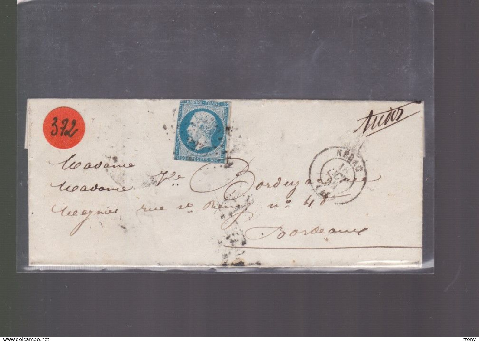 Un  Timbre  Napoléon III   N° 14  20 C Bleu  Départ Nérac   Sur Enveloppe S.C   Destination Bordeaux 1859 - 1853-1860 Napoleone III