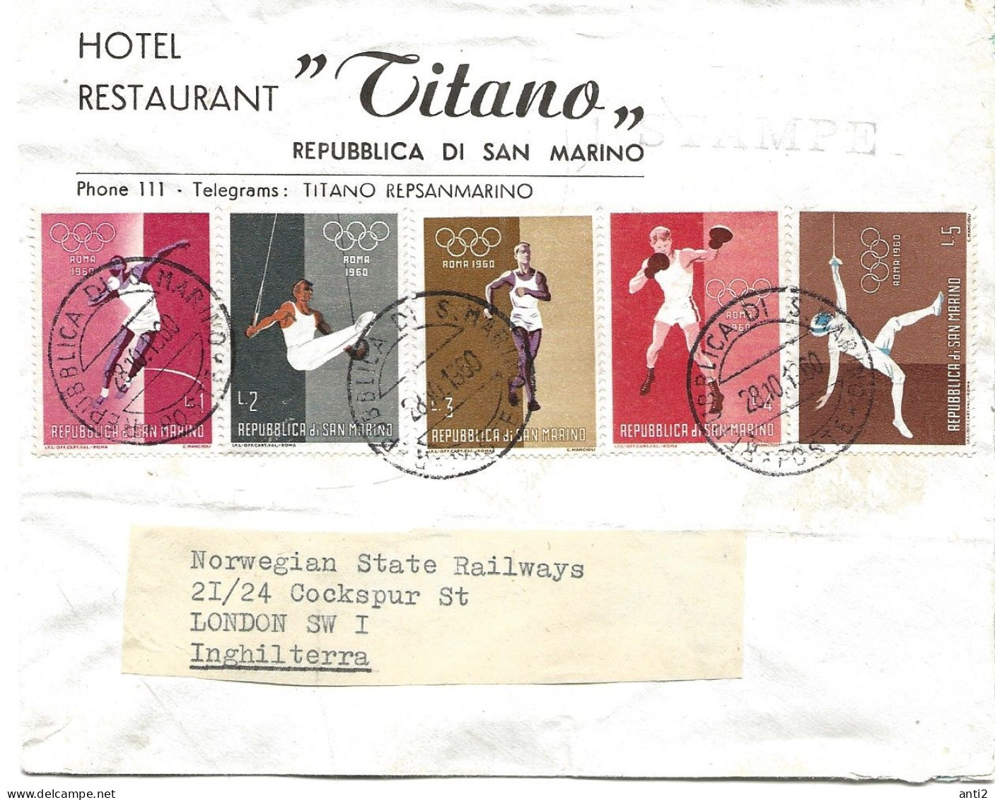 San Marino  1960  Olympic Games Roma, 5 Sport Stamps On Cover, Mi 645-649 On Cover Cancelled 28.10.60 - Lettres & Documents