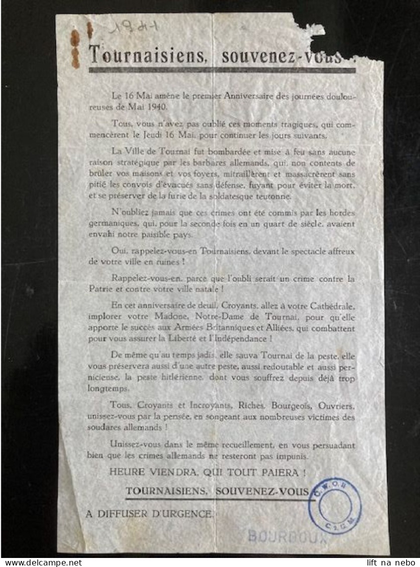 Tract Presse Clandestine Résistance Belge WWII WW2 'Tournaisiens, Souvenez-vous!' (cacheté) - Documenti