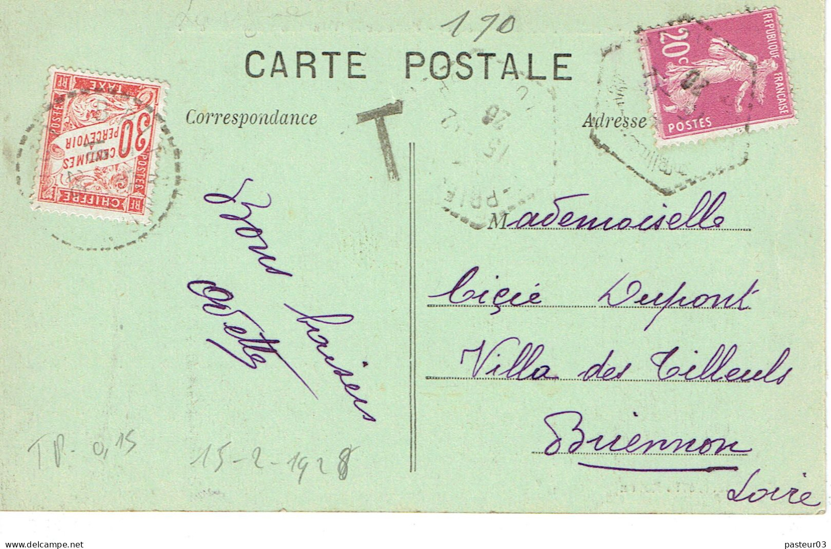 190 Semeuse Sans Fond 20 C. Lilas Rose CP Du 15-02-1928 Taxe 30 C. - 1906-38 Semeuse Con Cameo