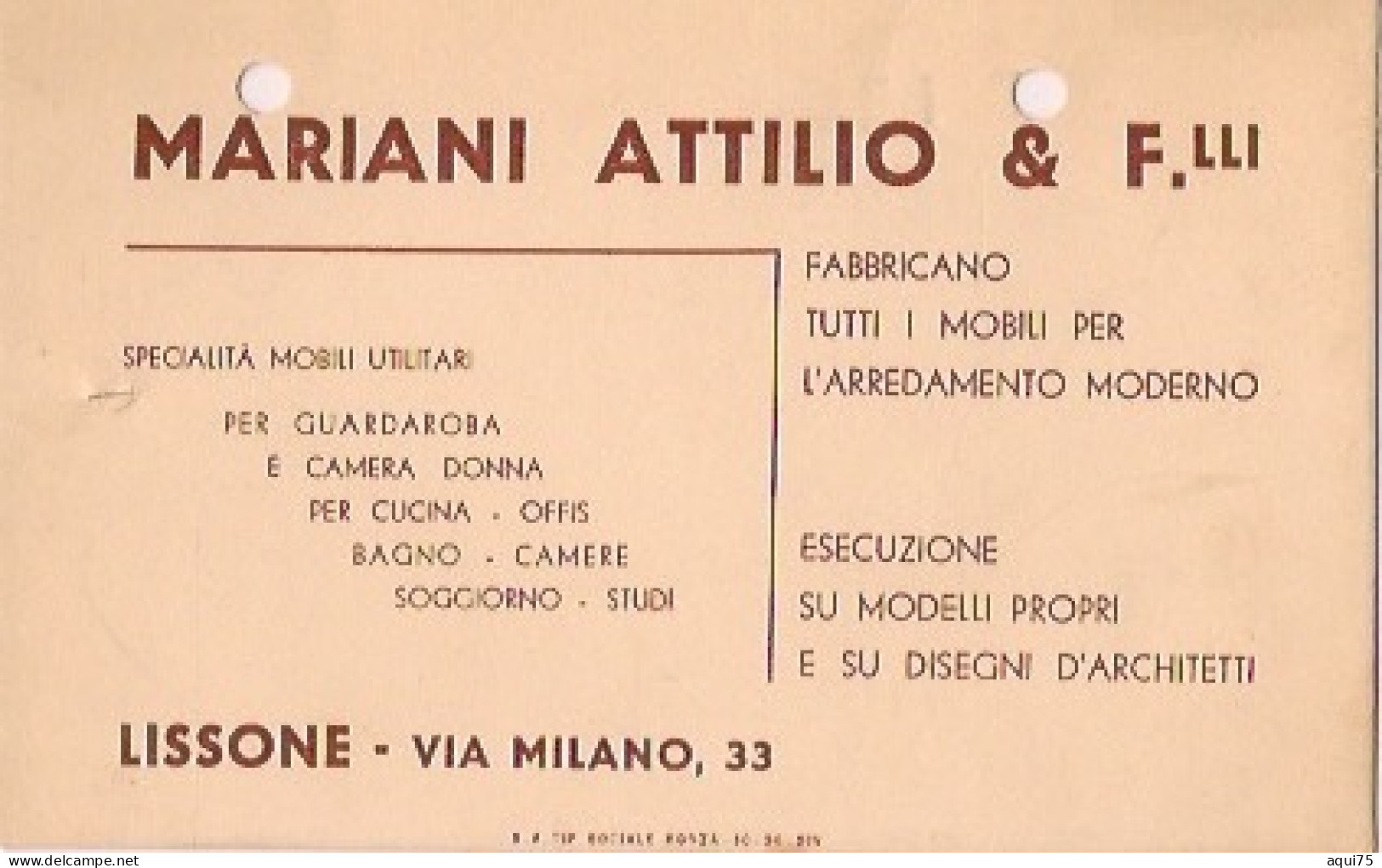 Carton Publicitaire     LISSONE    Mariani Attilio(a été Perforé) - Otros & Sin Clasificación