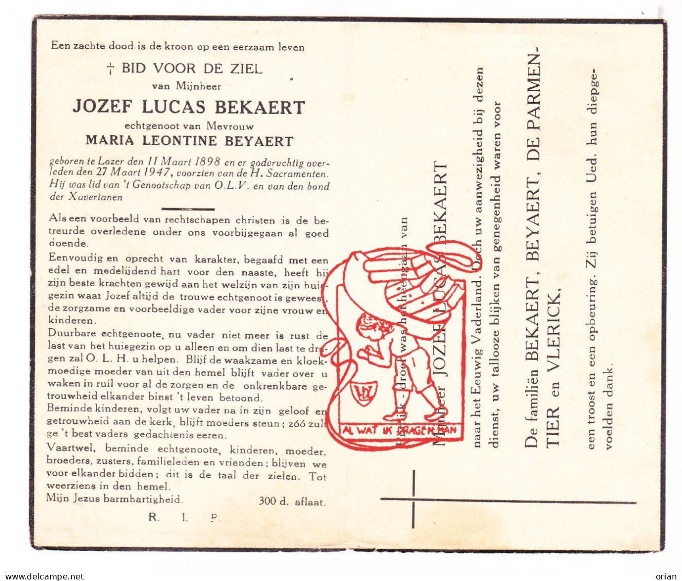 DP Jozef Lucas Bekaert ° Lozer Kruishoutem 1898 † 1947 X Maria Beyaert // De Parmentier Vlerick - Images Religieuses