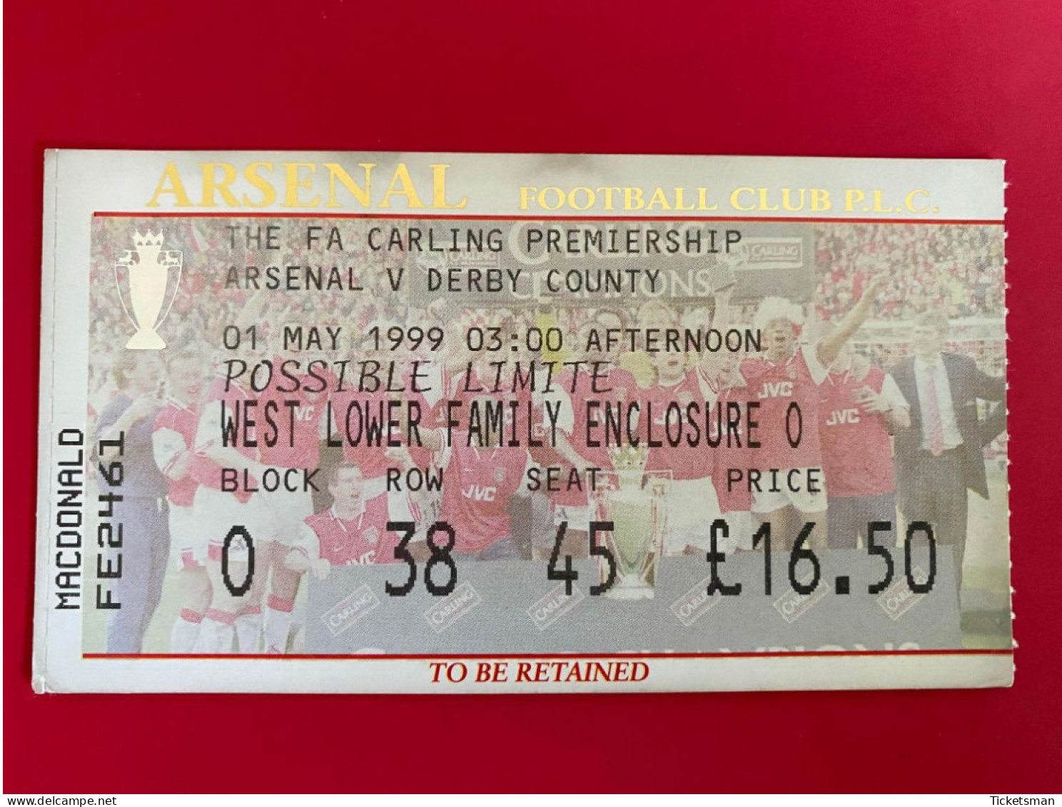 Football Ticket Billet Jegy Biglietto Eintrittskarte Arsenal FC - Derby County 01/05/1999 - Tickets - Vouchers