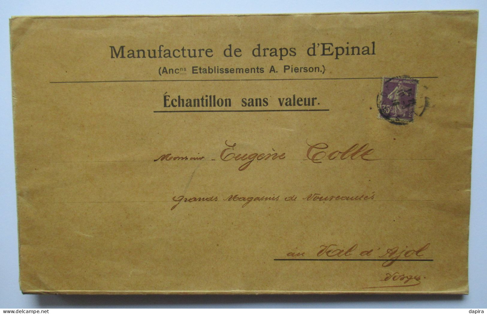 Enveloppe Manufacture De Draps D'EPINAL - Anc. Etab. A. Pierson - Timbre Semeuse - Destinataire E. Colle Val D'Ajol - Pubblicitari