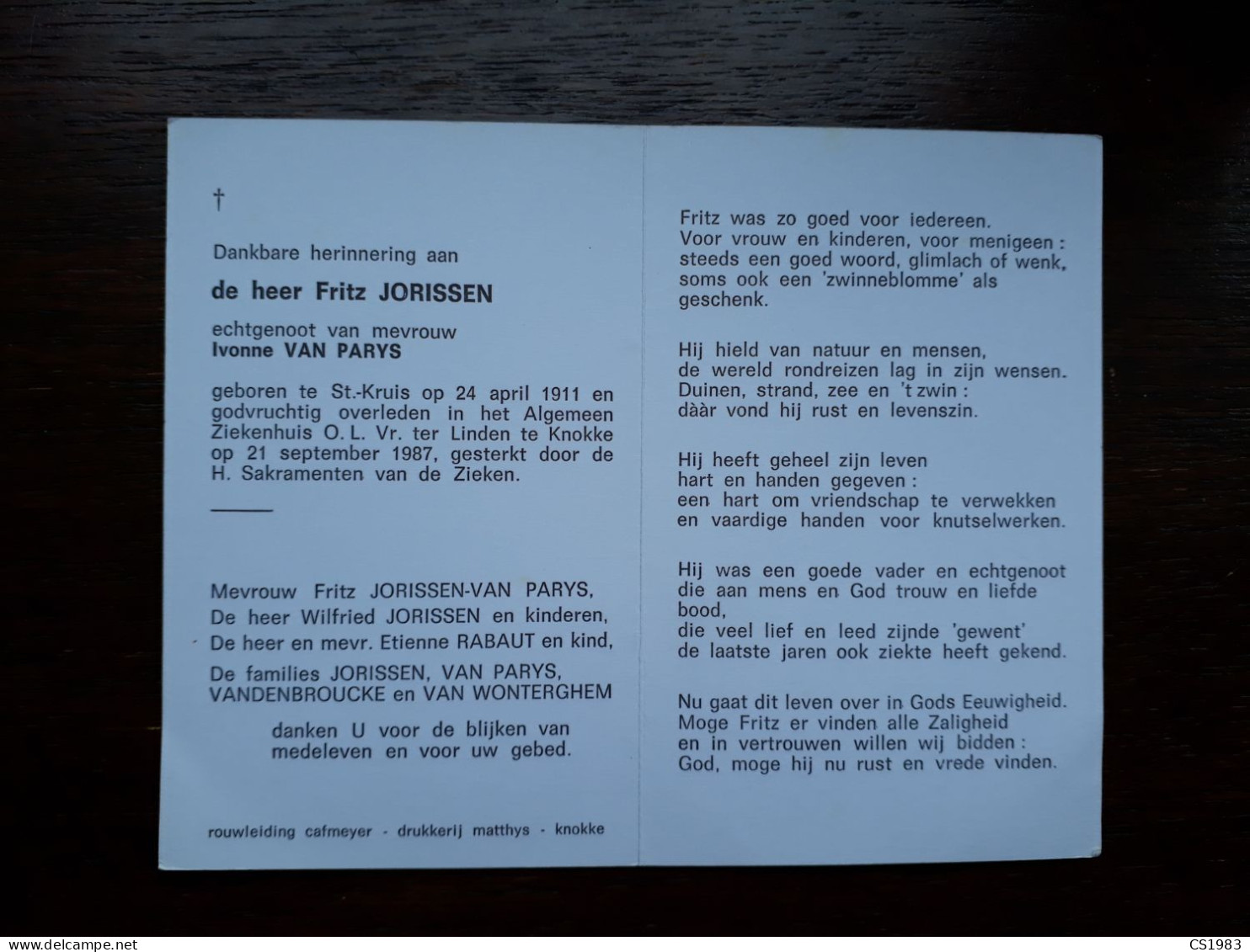 Fritz Jorissen ° Sint-Kruis 1911 + Knokke 1987 X Ivonne Van Parys (Fam: Rabaut - Vandenbroucke - Van Wonterghem) - Esquela