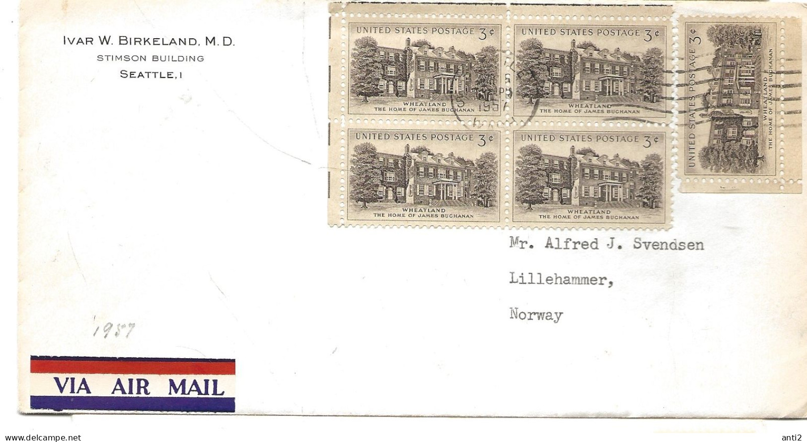 USA  1956  Wheatland  The Home Of James Buchanan - President   Mi 703x5  On Cover Cancelled 1957 - Briefe U. Dokumente