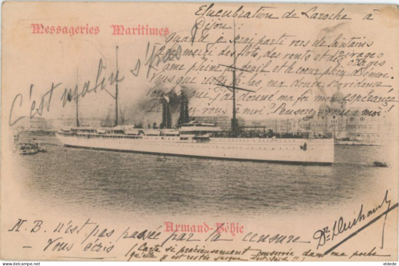 CP MM Armand Behic Cachet Maritime Ligne N Paquebot No 4 Vers Wimereux 62 Non Censurée Cachée Dans La Poche Censure - Steamers