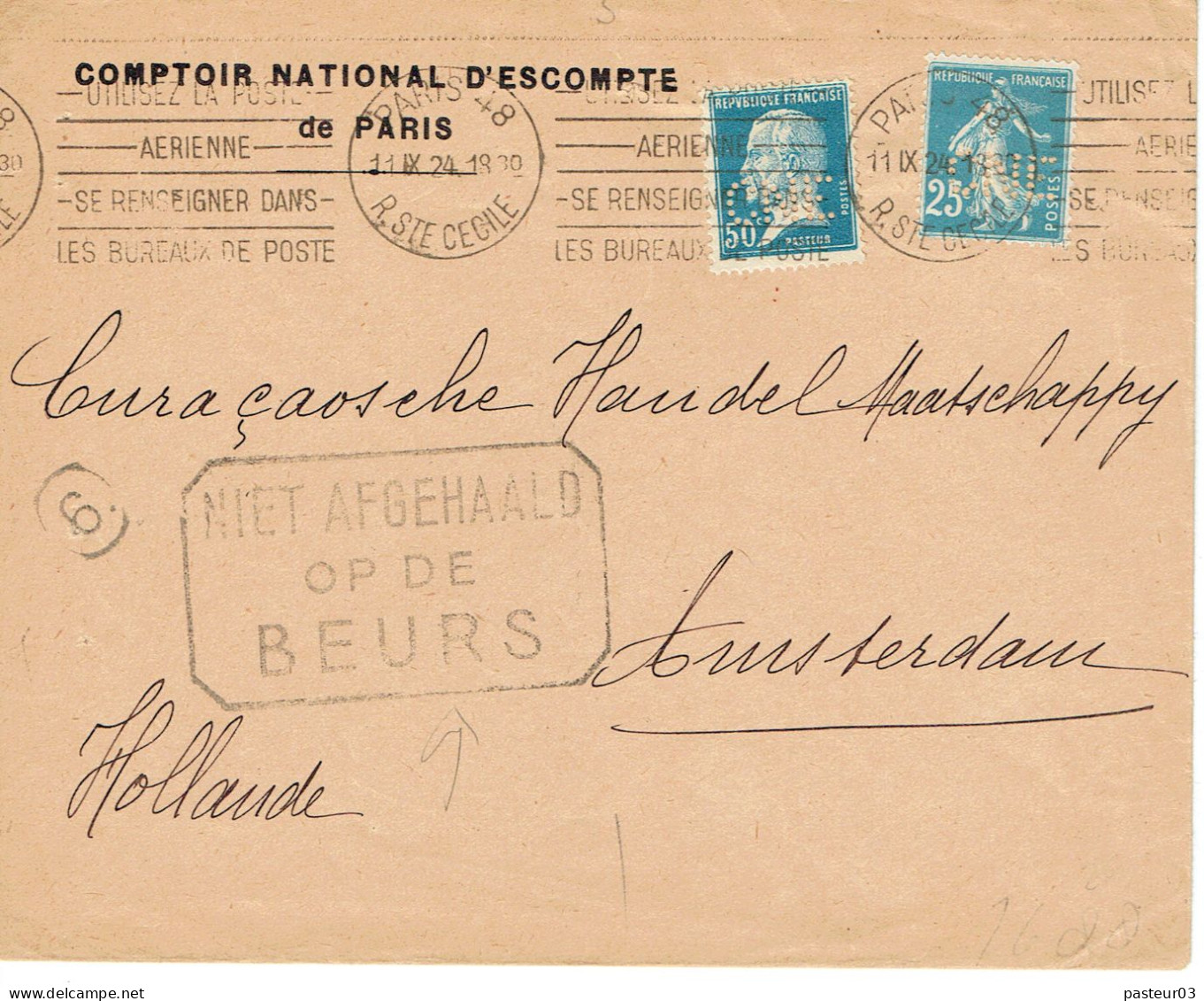 Tarifs Postaux Etranger Du 01-04-1924 (08) Pasteur N° 176 50 C.+ 25 C. Semeuse  Lettre 20 G. Perforé CNE 11-09-1924 - 1922-26 Pasteur