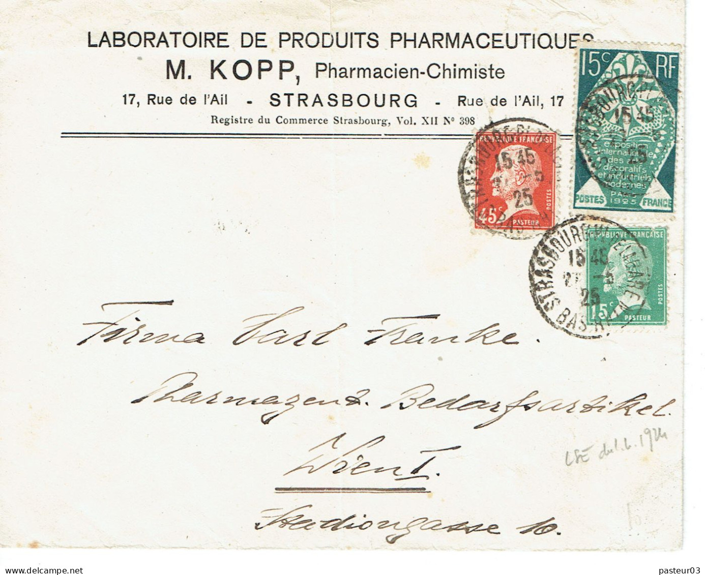 Tarifs Postaux Etranger Du 01-04-1924 (13) Pasteur 45 C. + Pasteur N° 175 15 C. + Pasteur N° 175 45 C. 15 C. Arts Déco - 1922-26 Pasteur