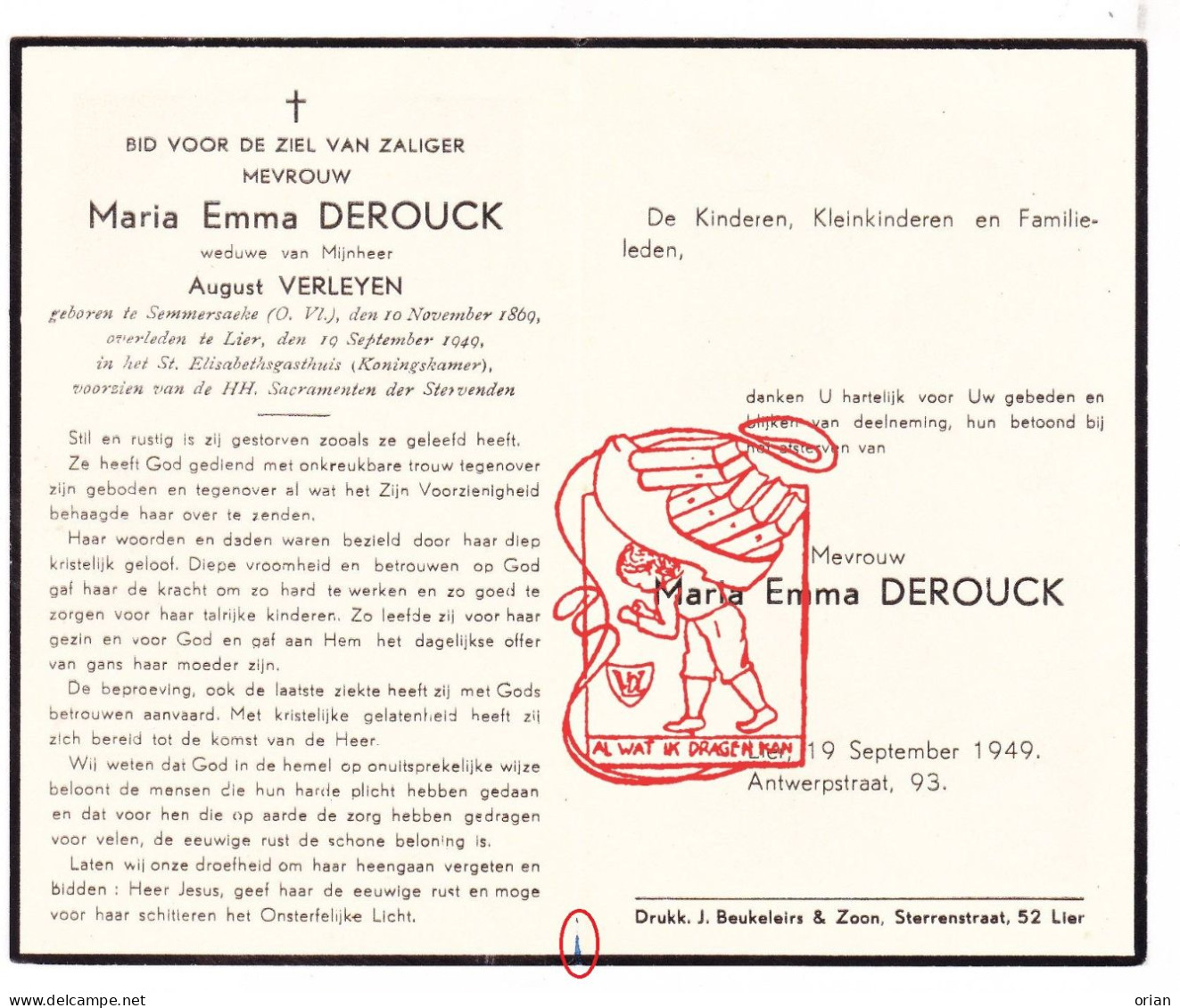 DP Maria Emma Derouck ° Semmerzake Gavere 1869 † Lier 1949 X August Verleyen - Images Religieuses