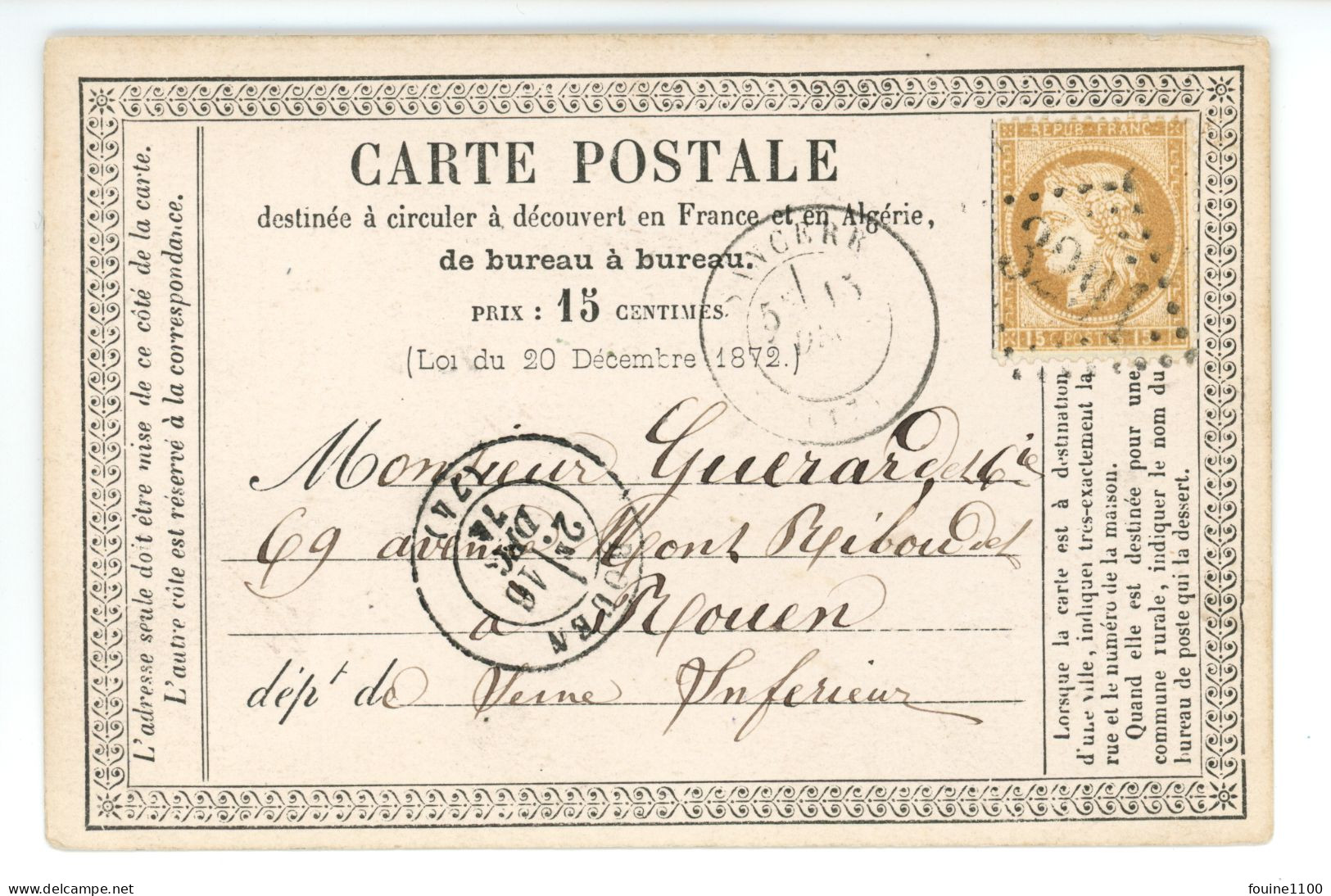 CARTE PRECURSEUR Envoi De LANGLAIS SALMON De SANCERRE 18 ( Pour GUERARD & Cie 69 Avenue Riboudet à ROUEN ) 1874 - 1849-1876: Période Classique