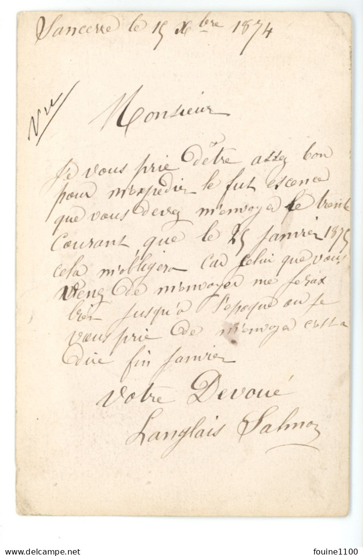 CARTE PRECURSEUR Envoi De LANGLAIS SALMON De SANCERRE 18 ( Pour GUERARD & Cie 69 Avenue Riboudet à ROUEN ) 1874 - 1849-1876: Klassik