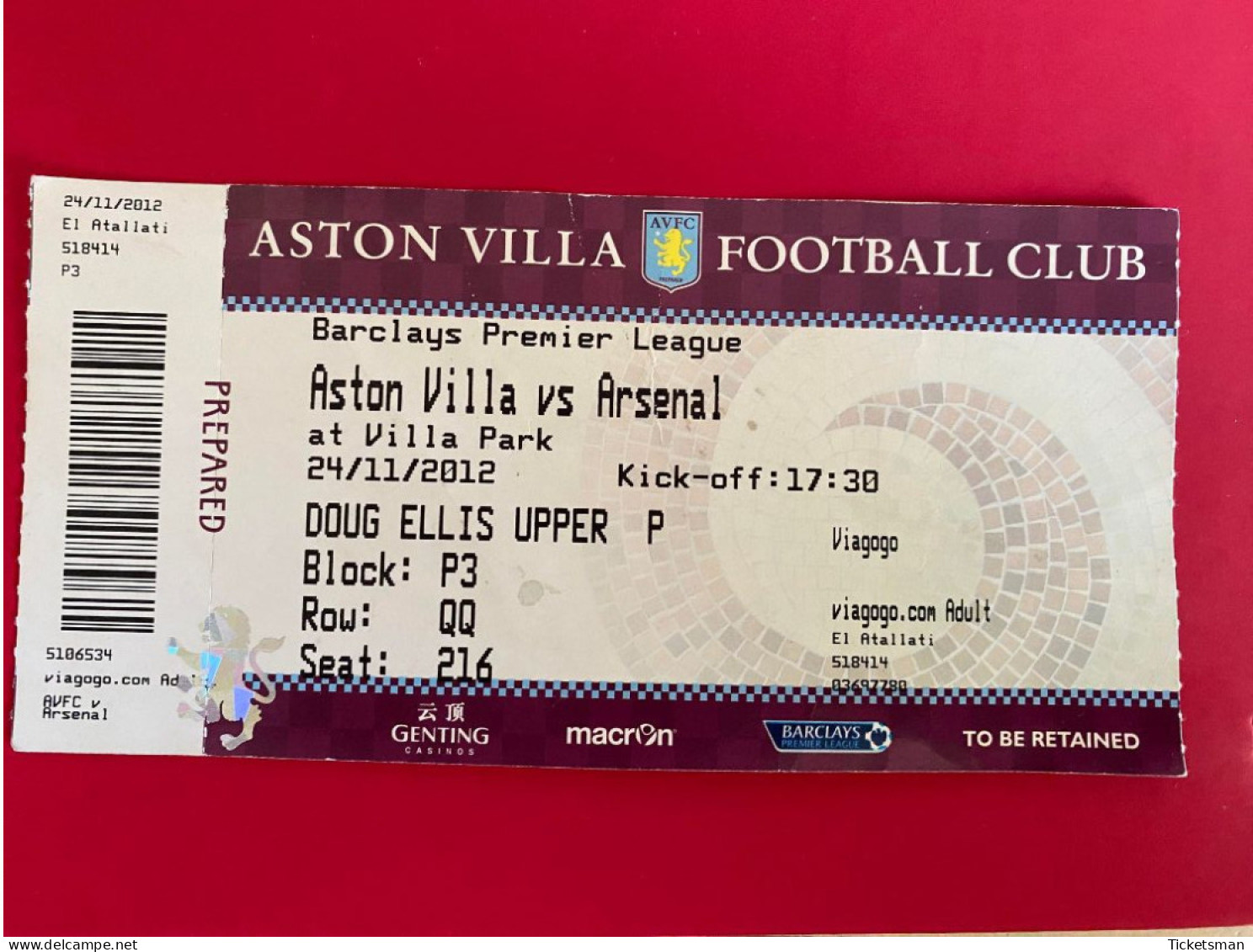 Football Ticket Billet Jegy Biglietto Eintrittskarte Aston Villa - Arsenal FC 24/11/2012 - Tickets - Vouchers