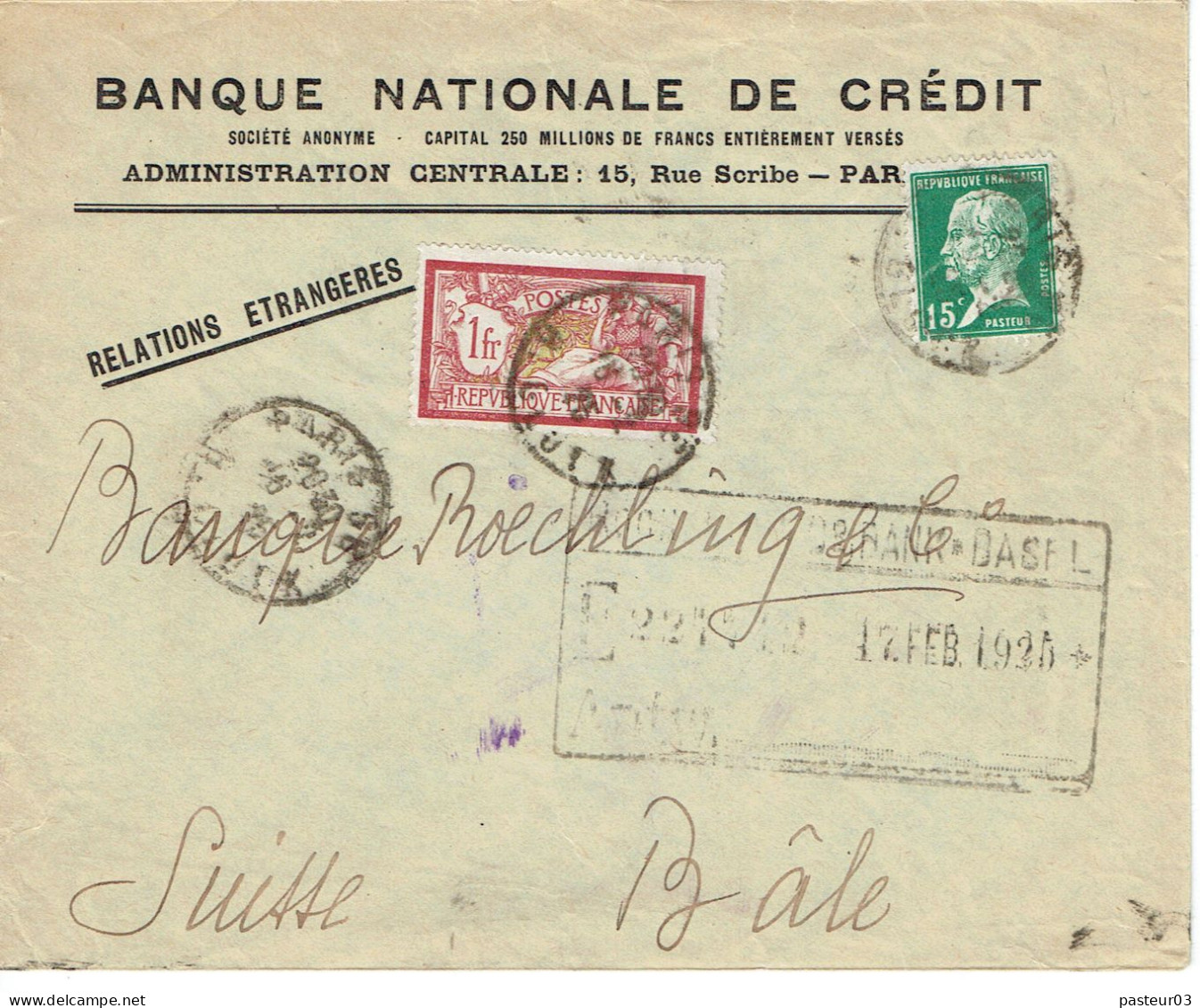 Tarifs Postaux Etranger Du 01-04-1924 (17) Pasteur 10 C. + Merson 1,00 F.  Lettre 40 G. 11-02-1925 - 1922-26 Pasteur