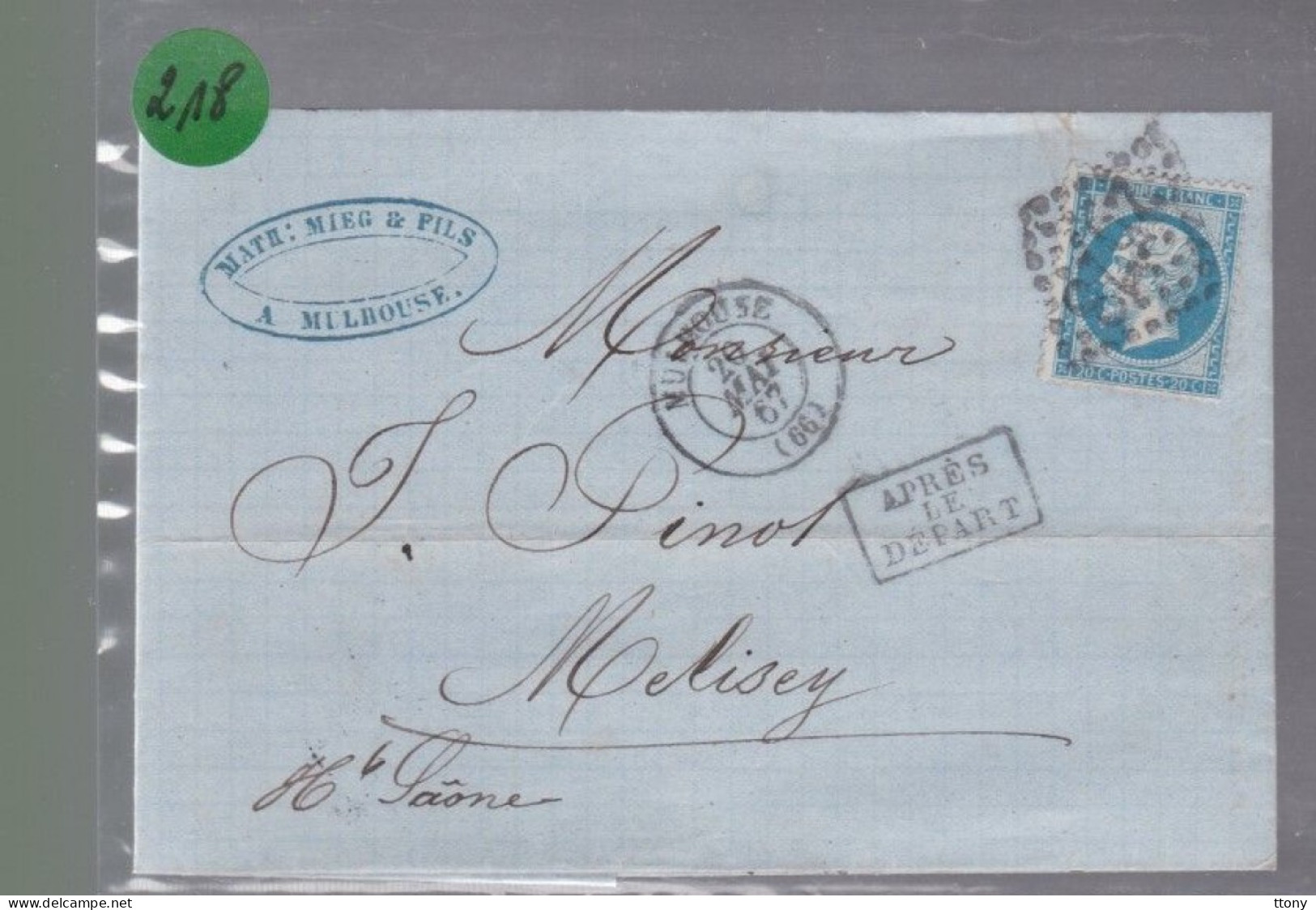 Un  Timbre  Napoléon III   N° 22    20 C Bleu    Départ Mulhouse  1867 Destination Mélisey  Cachet Après Le Départ - 1849-1876: Periodo Classico