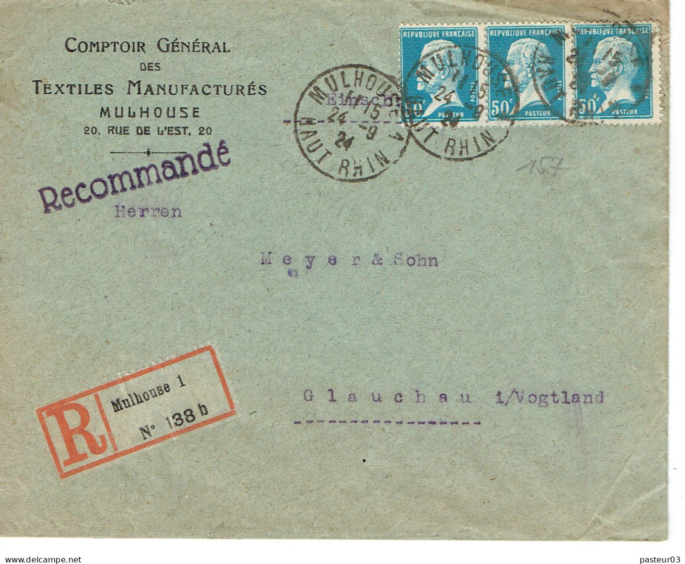 Tarifs Postaux Etranger Du 01-04-1924 (22) Pasteur 50 C. X 3  Lettre Reccommandée 20  G. 24-09-1924 - 1922-26 Pasteur