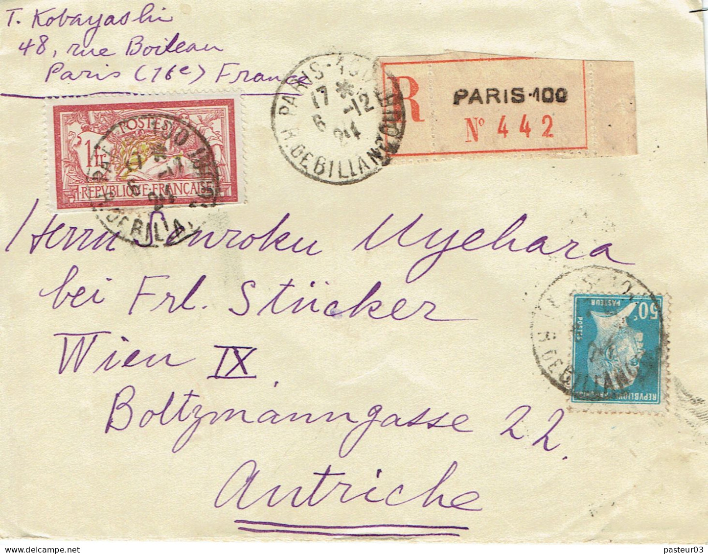Tarifs Postaux Etranger Du 01-04-1924 (24) Pasteur N° 176 50 C.+ Merson 1,00 F.  Lettre Recommandée 20  G. Pour L'Autric - 1922-26 Pasteur