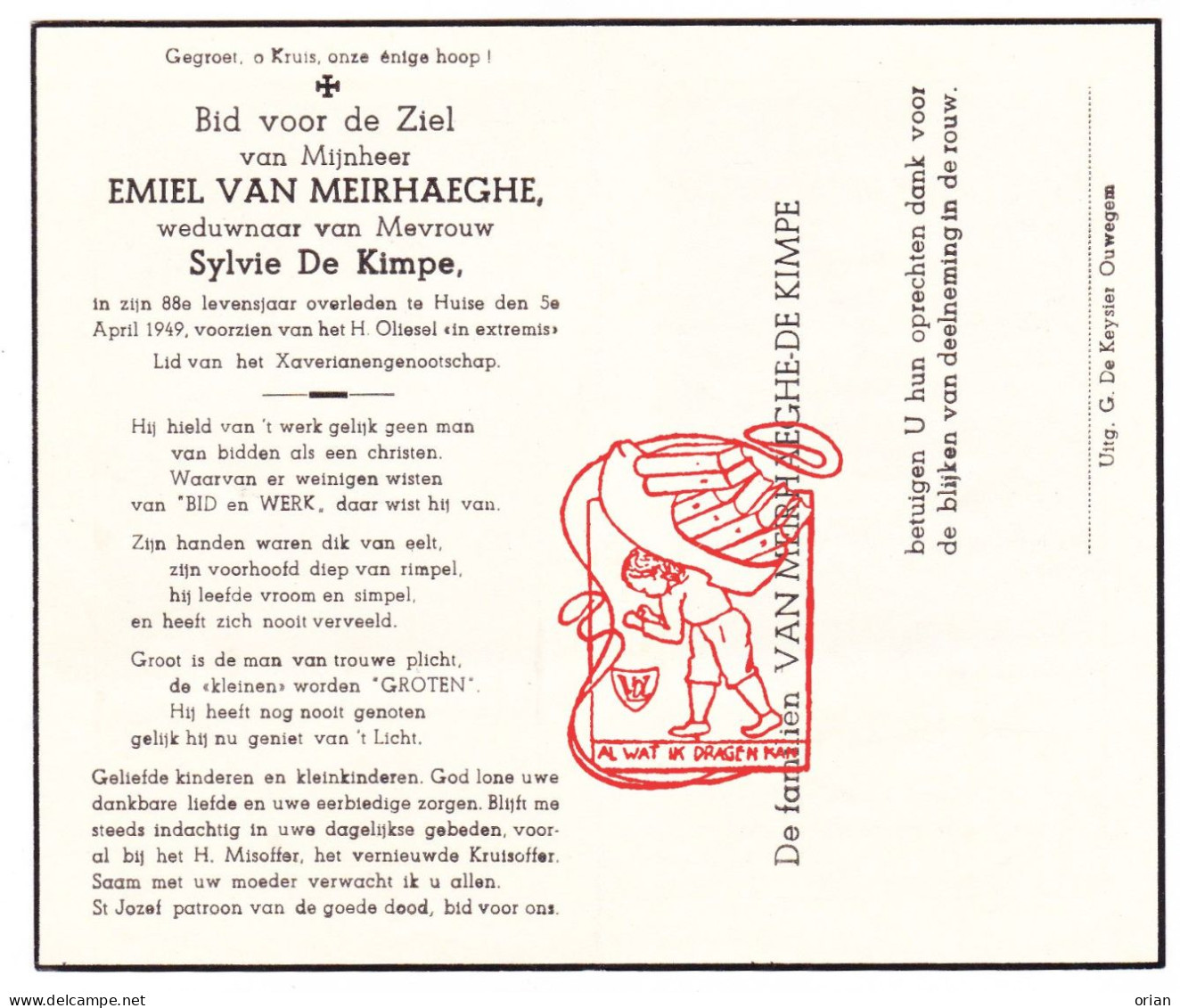 DP Emiel Van Meirhaeghe ° 1862 † Huise Zingem 1949 X Sylvie De Kimpe - Images Religieuses