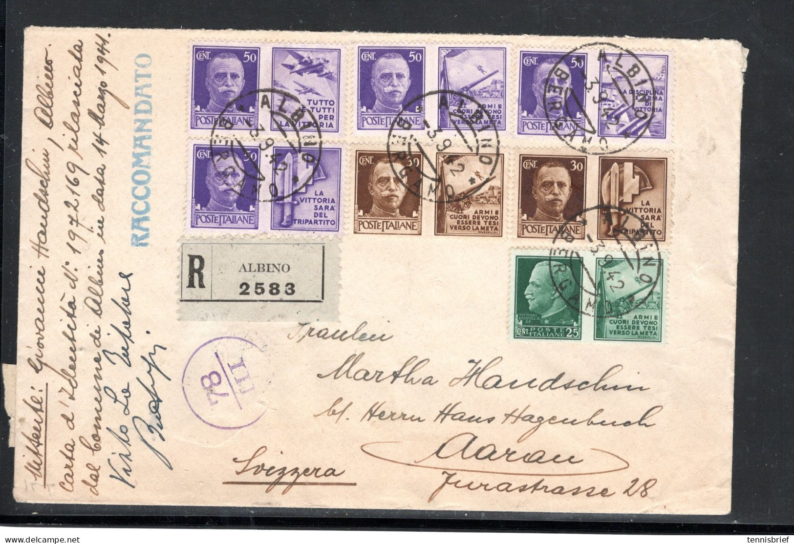 1942, 25 , 30 , 50 C. , 7 Stamps " App. Propaganda " Registered Cover To Switzerland , Scarce  Abroad ! Lettera Estero ! - Marcofilie