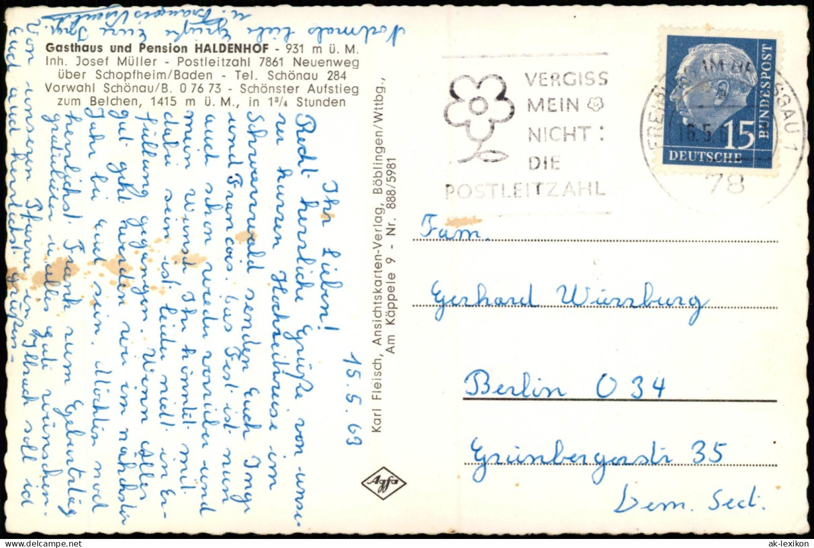 Ansichtskarte Schopfheim Gasthaus Und Pension HALDENHOF 1963  Gel 15 Pfg. Heuss - Schopfheim