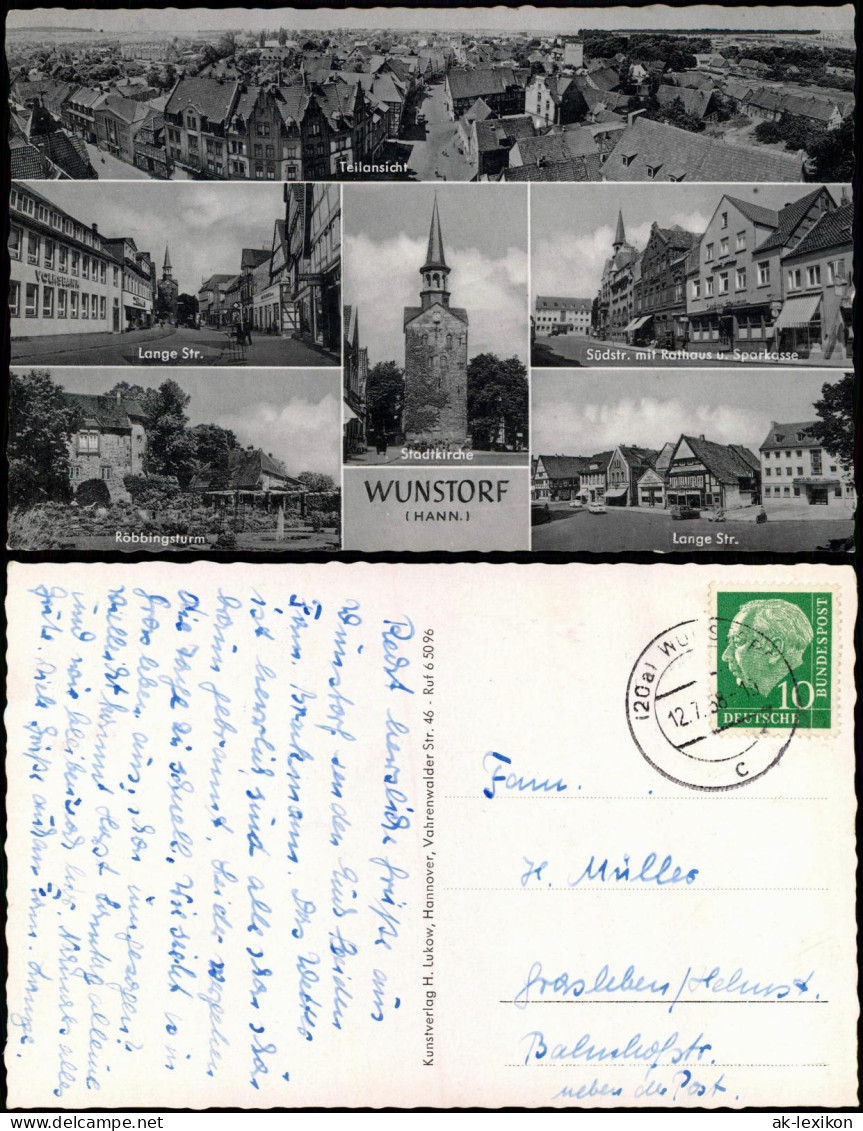 Ansichtskarte Wunstorf Südstr. Mit Rathaus Lange Str. Robbingsturm MB 1958 - Wunstorf