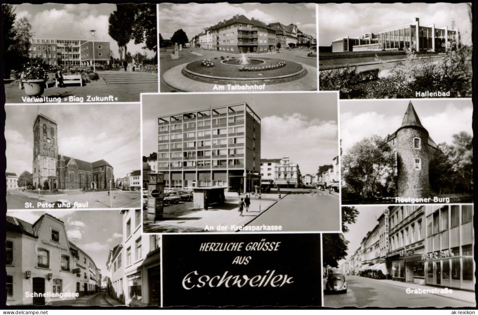 Ansichtskarte Eschweiler Grabenstraße Roetgener Burg Hallenbad U.a. MB 1962 - Eschweiler