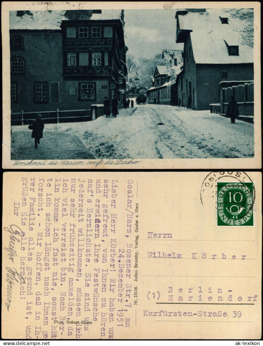 Ansichtskarte Goslar Verschneite Straße 1951/1928  Gel. 10 Pfg. Posthorn - Goslar