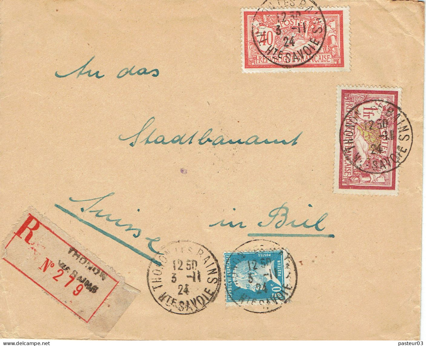Tarifs Postaux Etranger Du 01-04-1924 (32) Pasteur N° 176 50 C.+ Merson 1,00 F. + 40 C.  Lettre Recommandée 40  G. 03-11 - 1922-26 Pasteur