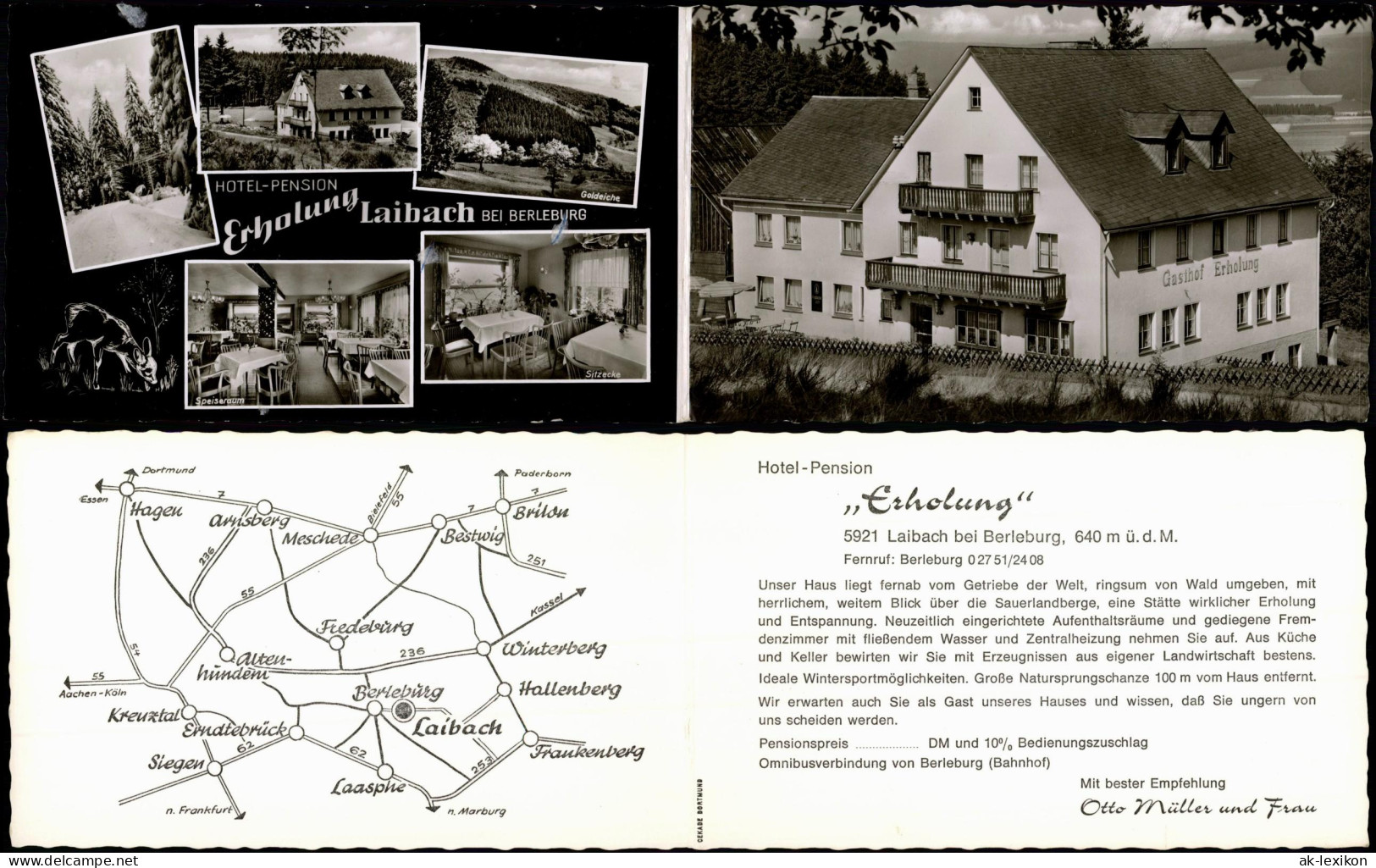 Ansichtskarte Bad Berleburg Klappkarte Laibach Hotel Pension Erholung 1951 - Bad Berleburg