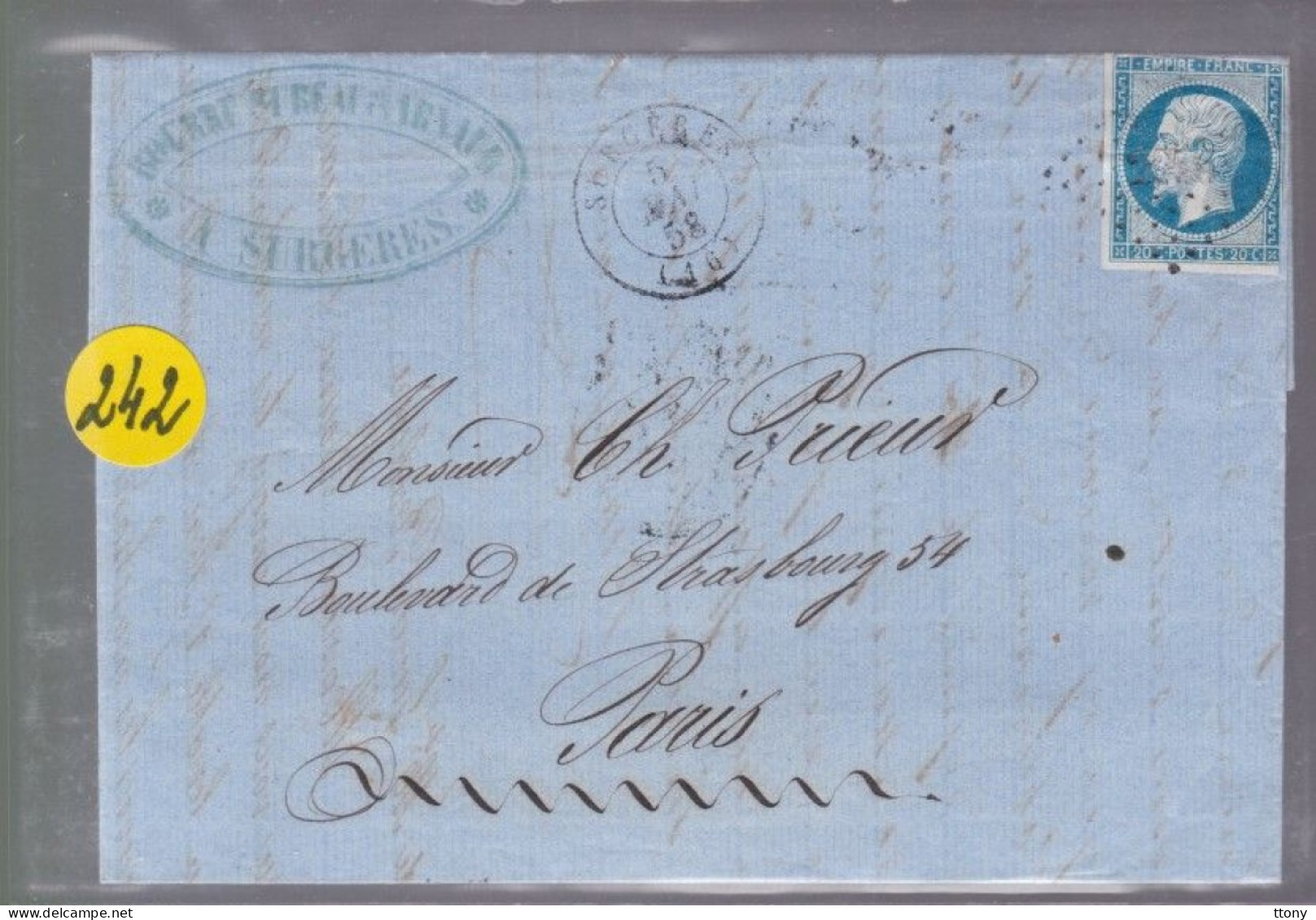 Un  Timbre  Napoléon III   N°  14     20 C Bleu   Sur Lettre  Départ Surgères  1858      Destination  Paris - 1849-1876: Klassik