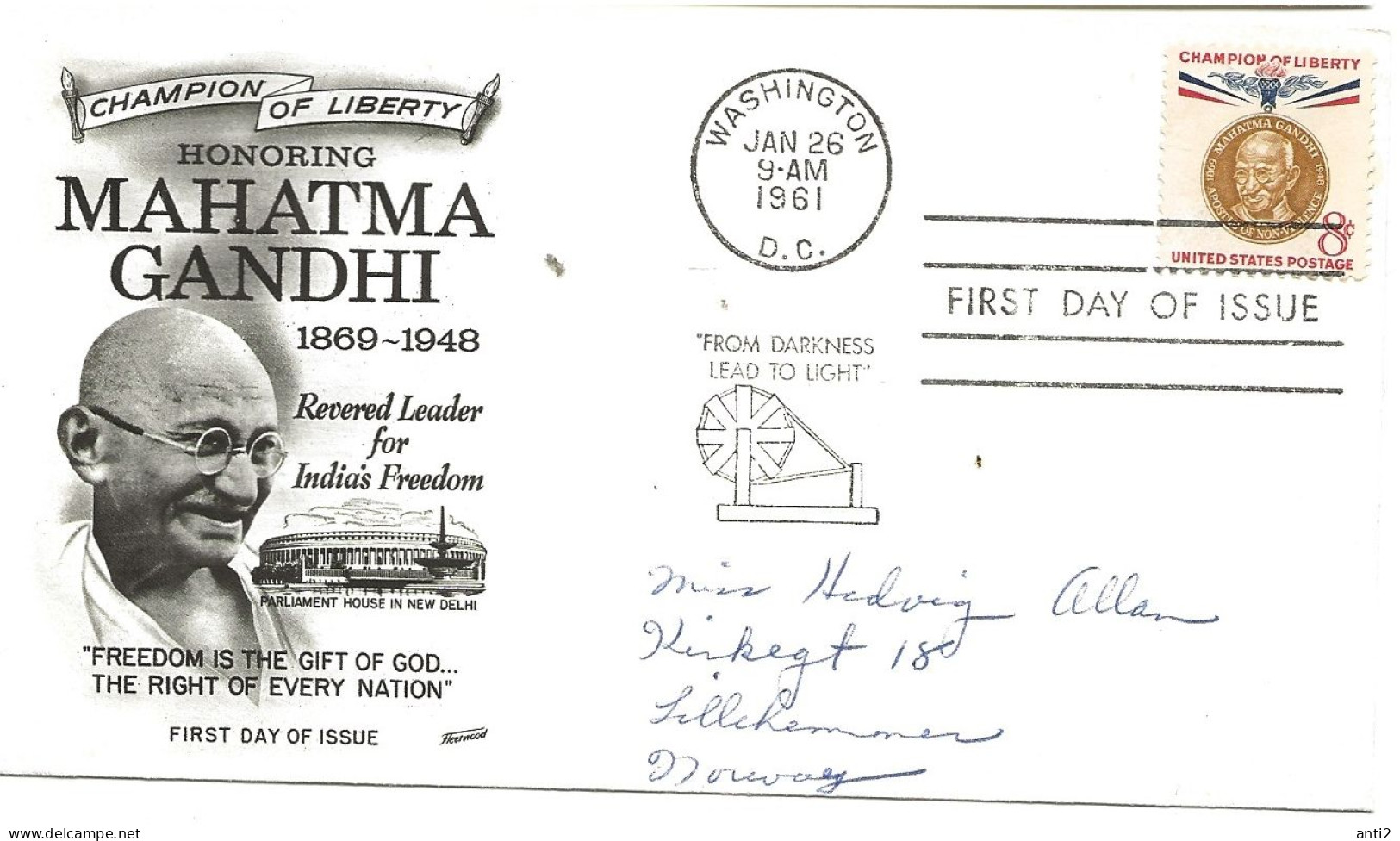 USA  1961 Freedom Fighter: Mahatma Gandhi, Mi 805, FDC - Covers & Documents