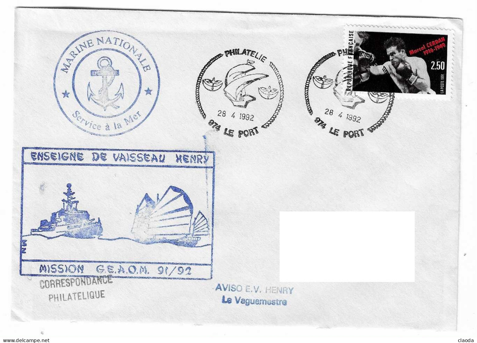 182 JDA -PORTE-HÉLICOPTÈRES JEANNE D'ARC - E.V. HENRY   - CAMPAGNE1991-1992  ESCALE LA REUNION ( OBLITERATION  LE PORT) - Poste Navale