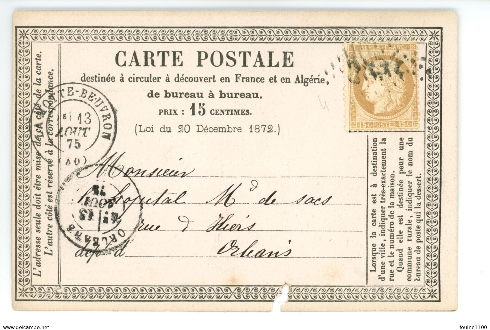 CARTE PRECURSEUR Envoi De DELOGE De LAMOTTE BEUVRON 41 Pour L'hopital Marchand De Sacs à ORLEANS - 1849-1876: Periodo Classico