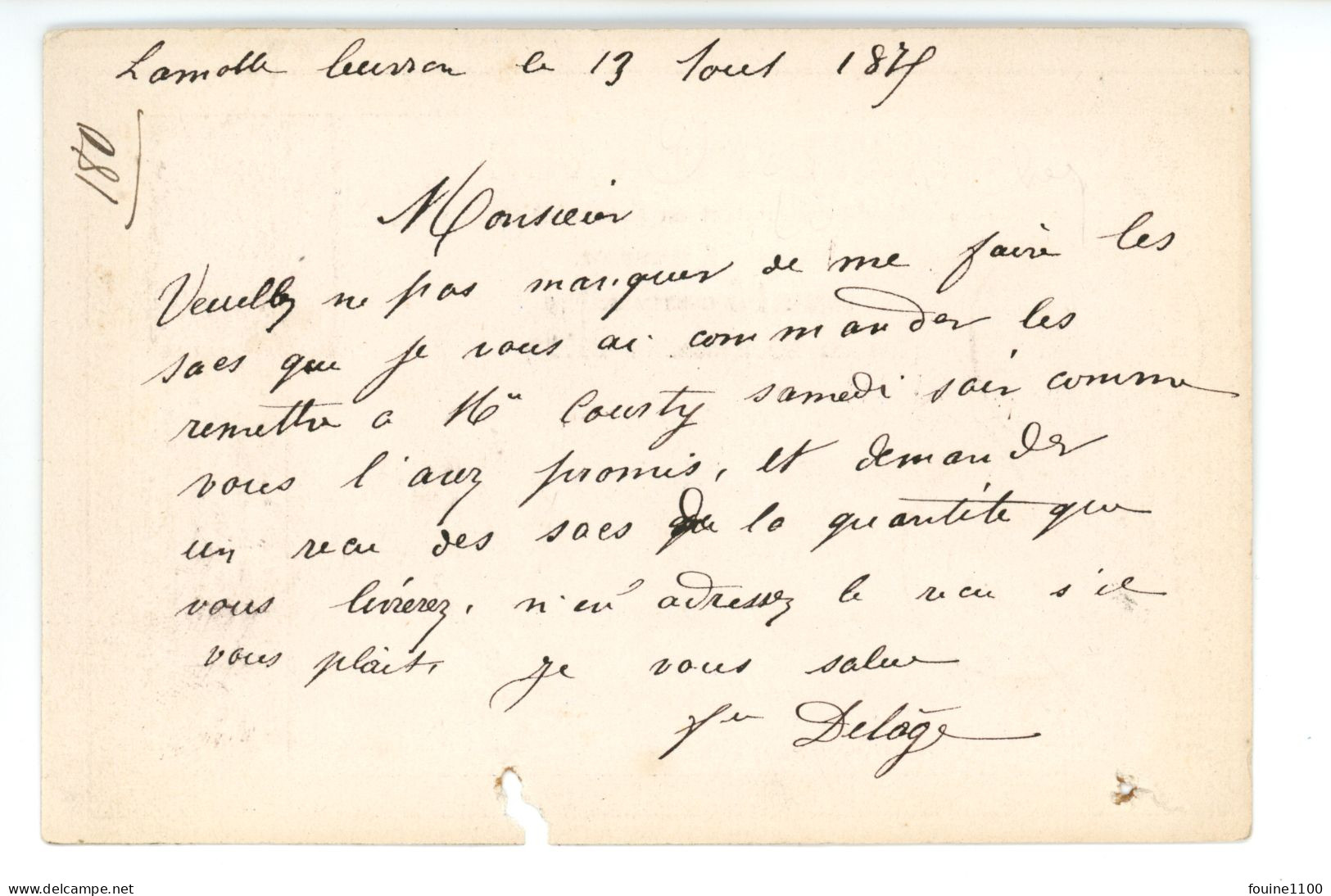 CARTE PRECURSEUR Envoi De DELOGE De LAMOTTE BEUVRON 41 Pour L'hopital Marchand De Sacs à ORLEANS - 1849-1876: Classic Period