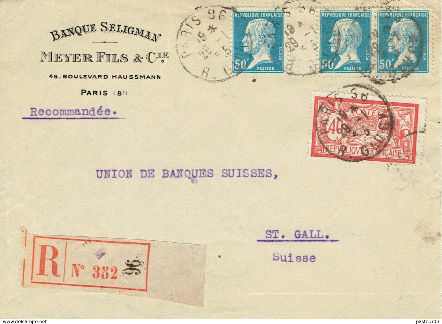 Tarifs Postaux Etranger Du 01-04-1924 (34) Pasteur N° 176  50 C. X 3 + Merson 40 C.Devant Lettre Recommandée 40  G. 20-0 - 1922-26 Pasteur