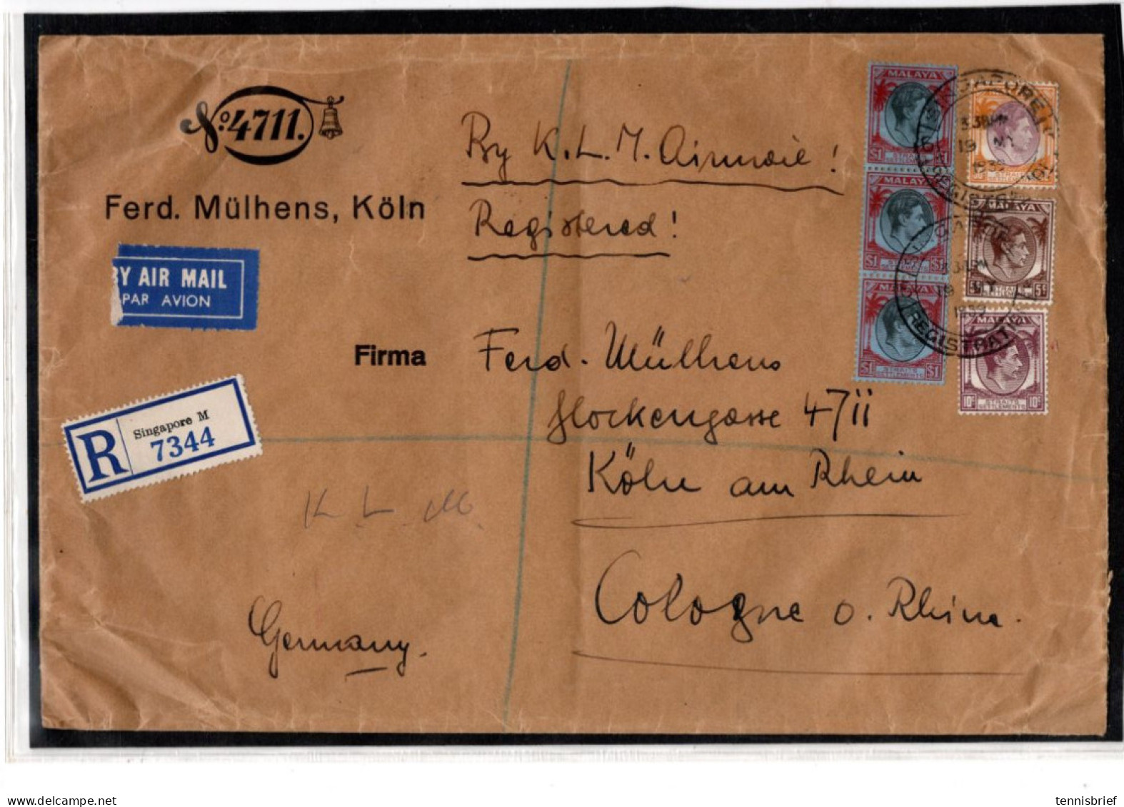 1939 , High Franking , 1 $ , 3 Stamps ,5,10,30 C. On Registered Airmail Cover To Germany, " SINGAPORE-REGISTERED" #186 - Malayan Postal Union