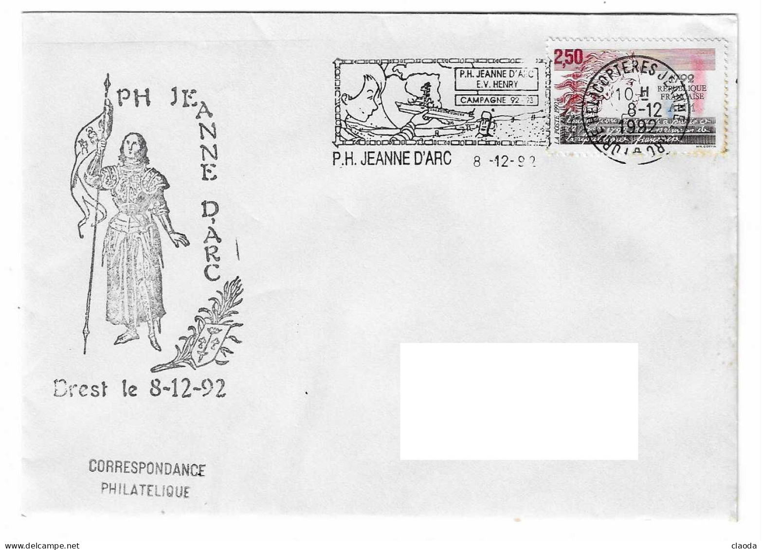 185 JDA -PORTE-HÉLICOPTÈRES JEANNE D'ARC - E.V. HENRY   - CAMPAGNE1992-1993   - JOUR DU DEPART - BREST 8-12- 92 - Poste Navale