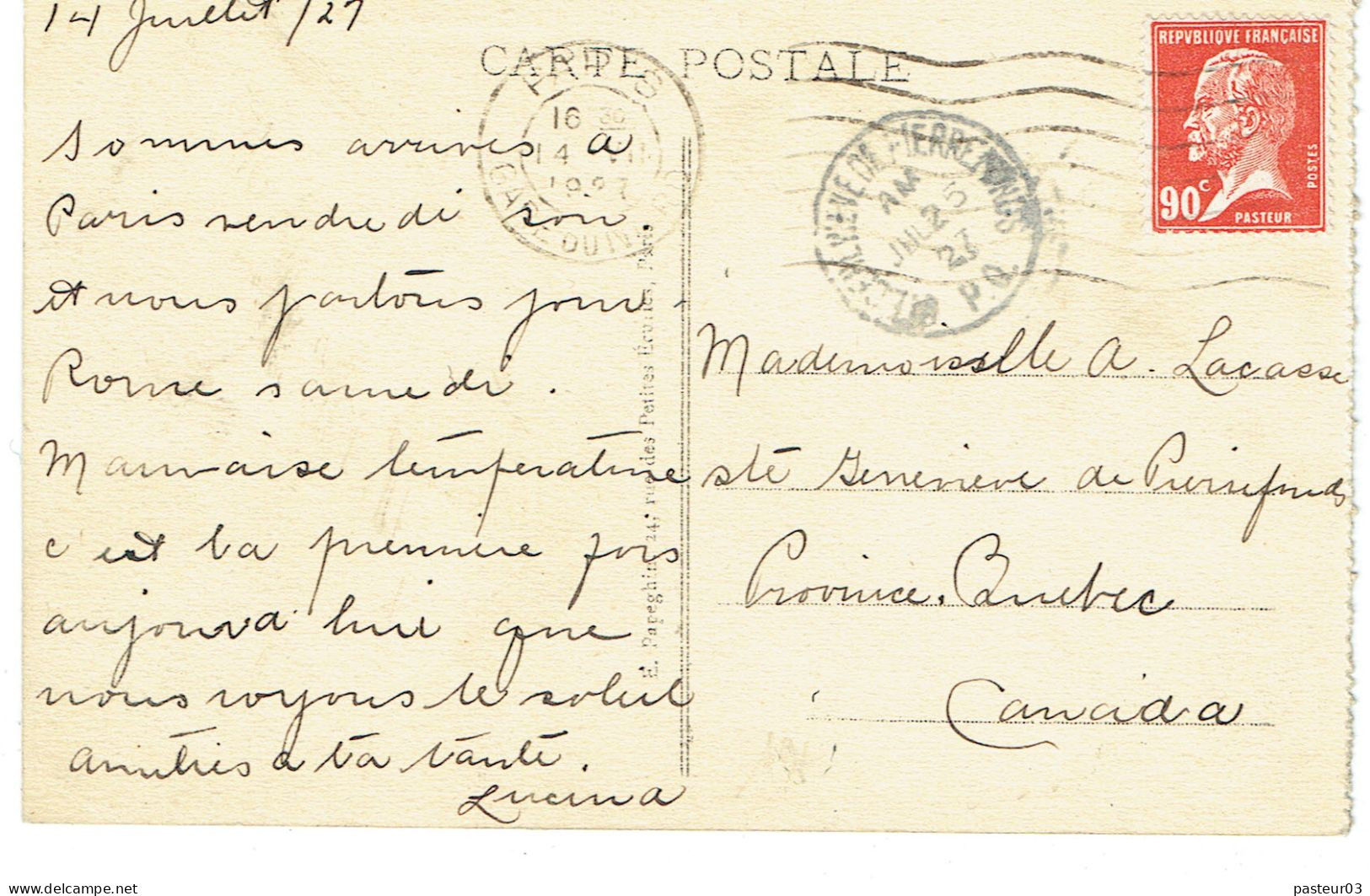 178 Pasteur 90 C. Rouge Lettre à Destination Du CANADA (destination RARE) Tarifs Postaux Du 01-08-1926 - 1922-26 Pasteur